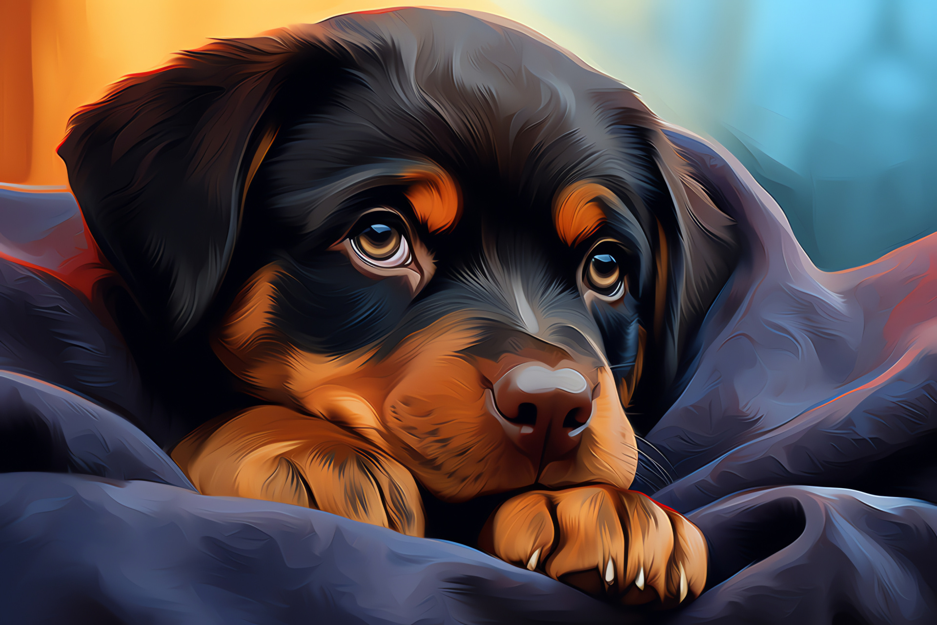 Rottweiler puppy, brown canine eyes, sleek dog coat, canine glossy appearance, warm indoor setting, HD Desktop Wallpaper