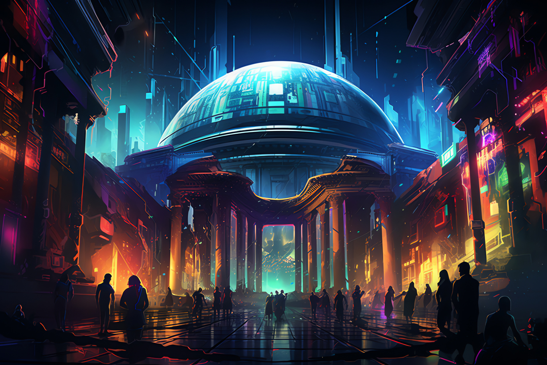 Pantheon gaming, Cyber enclave, Electronic dystopia, Synthwave culture, Digital revolution, HD Desktop Wallpaper