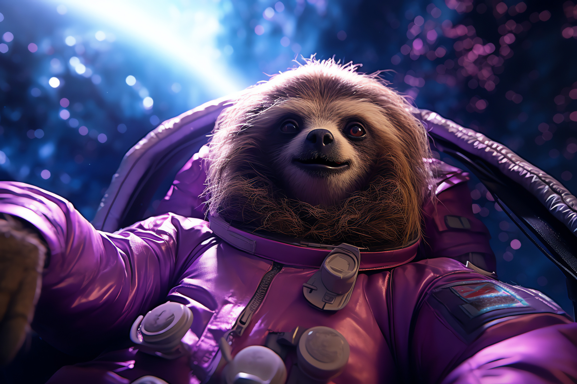 Stargazing sloth, whimsical purple eyes, cozy interstellar relaxation, moon-cradled sloth, nightly wonders, HD Desktop Wallpaper