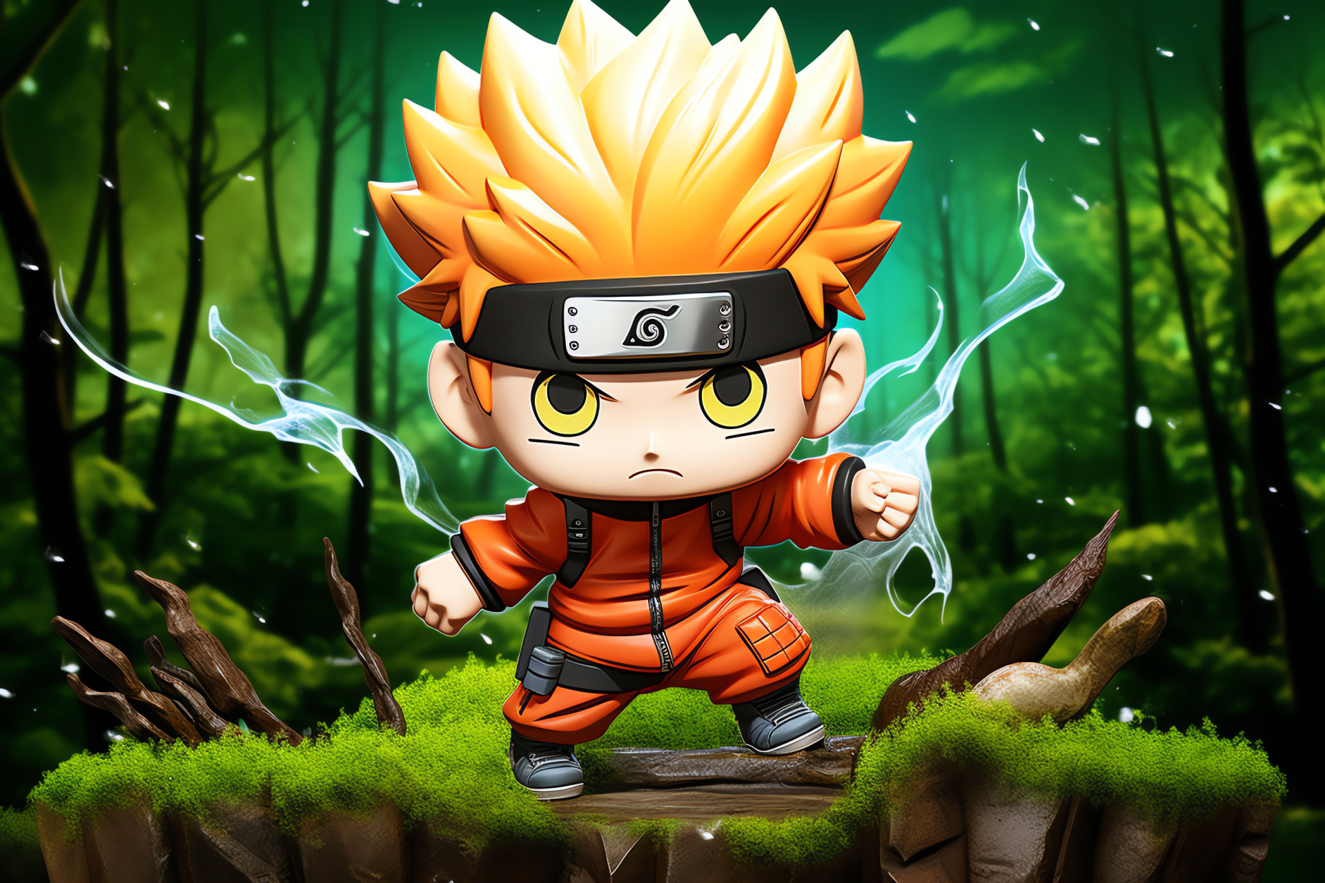 Naruto chibi, Chibi style, Powerful attack, Heroic stance, Energetic jutsu, HD Desktop Wallpaper