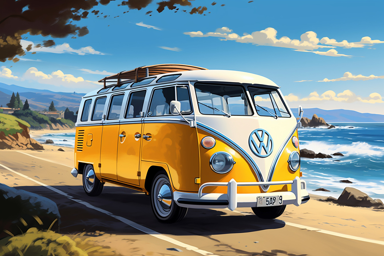 VW Bus in Santa Cruz, Coastal surf culture, Vintage travel, Beach lifestyle, Pleasure Point views, HD Desktop Image