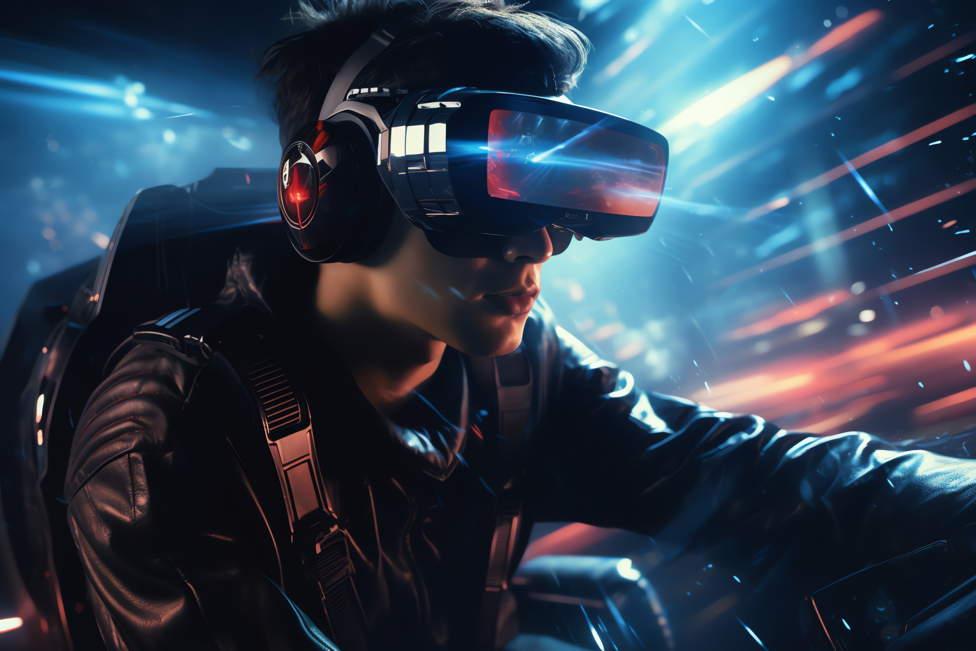 PC Gamer future, simulated futuristic cockpit, flight controls navigation, soft blue light ambiance, virtual reality headset usage, HD Desktop Wallpaper