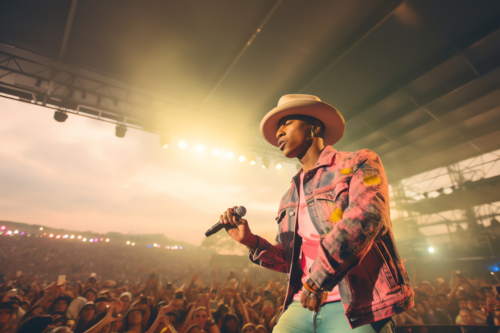 Pharrell, Live music event, Stage presence, Enthralled audience, Star performer, HD Desktop Image