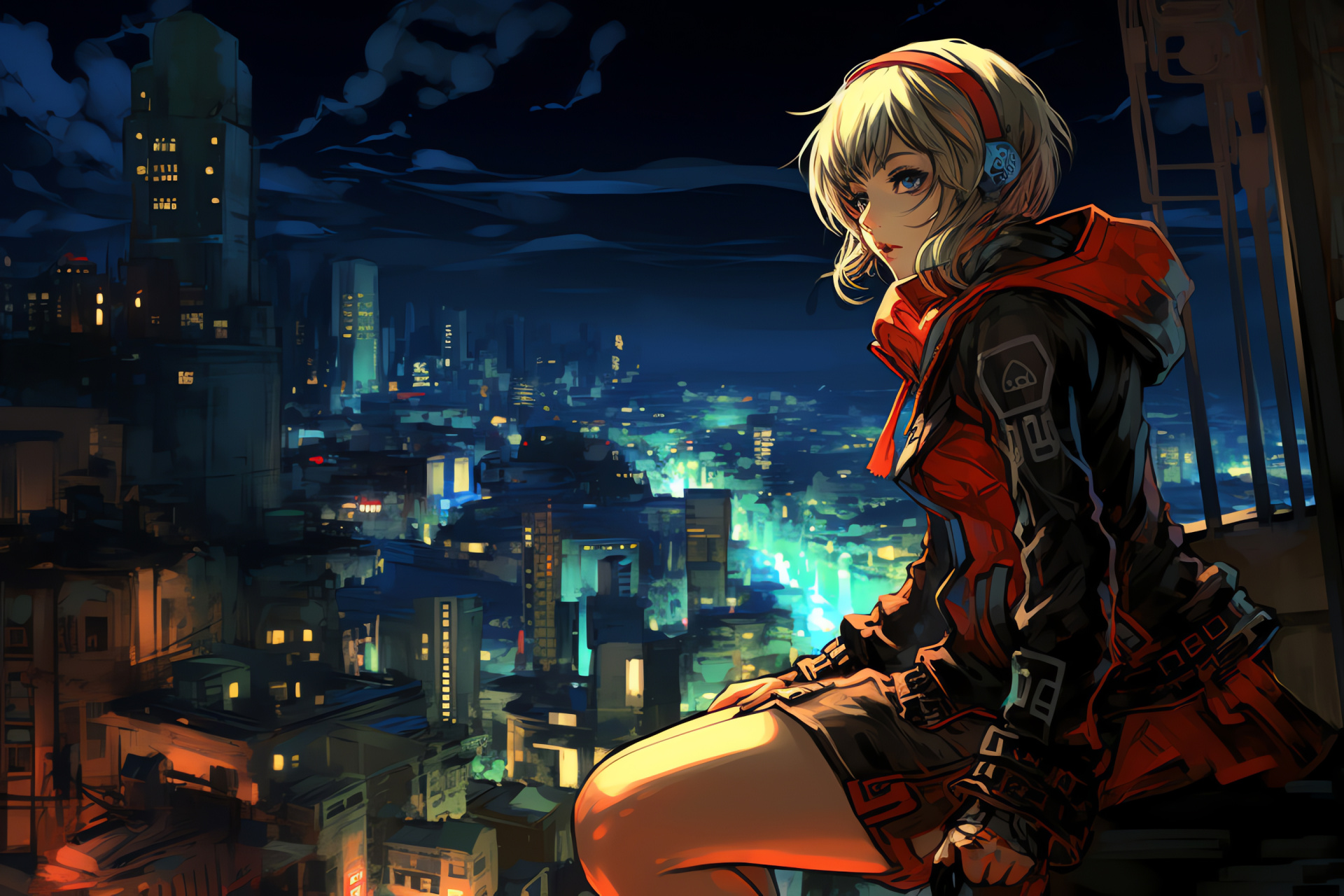 Persona 3 scenery, SEES group, Metropolis twilight, Neon city luminescence, Role-playing setting, HD Desktop Wallpaper