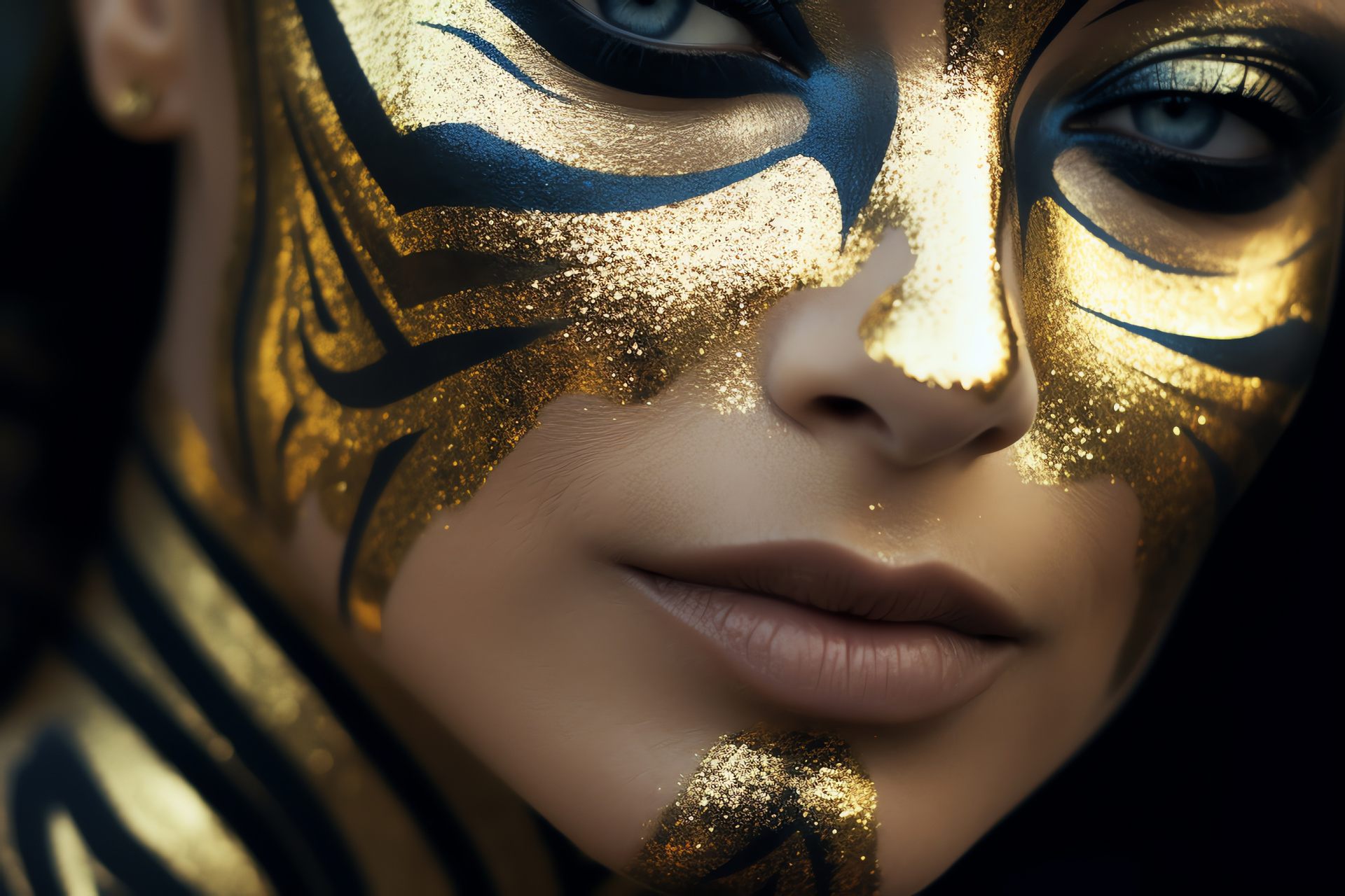 Artistic creativity, Facial adornment, Dramatic portrayal, Starlet facial expression, Ornamental details, HD Desktop Wallpaper