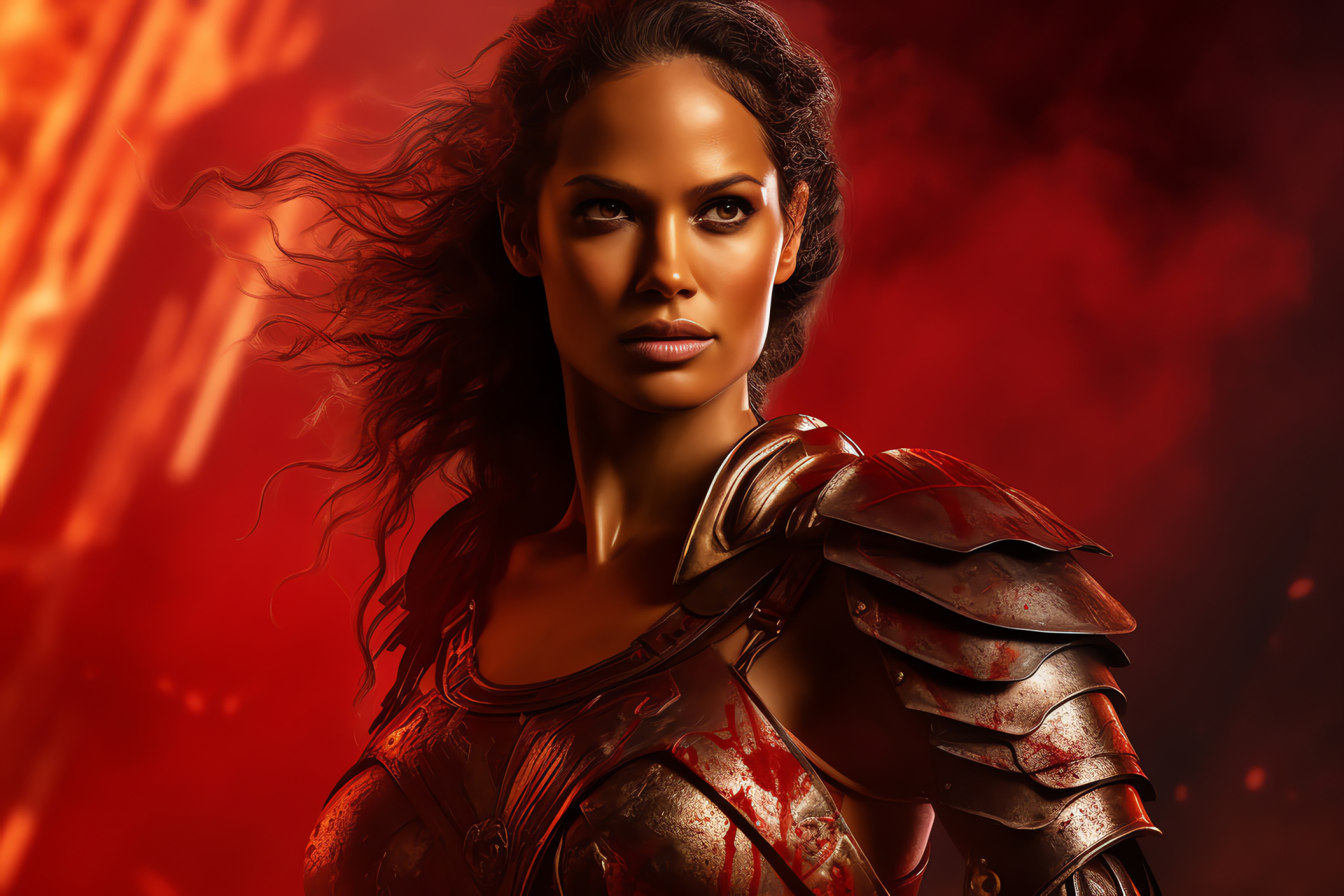 Lesley-Ann Brandt, Naevia, Close portrait, Red background, Warrior attire, HD Desktop Image