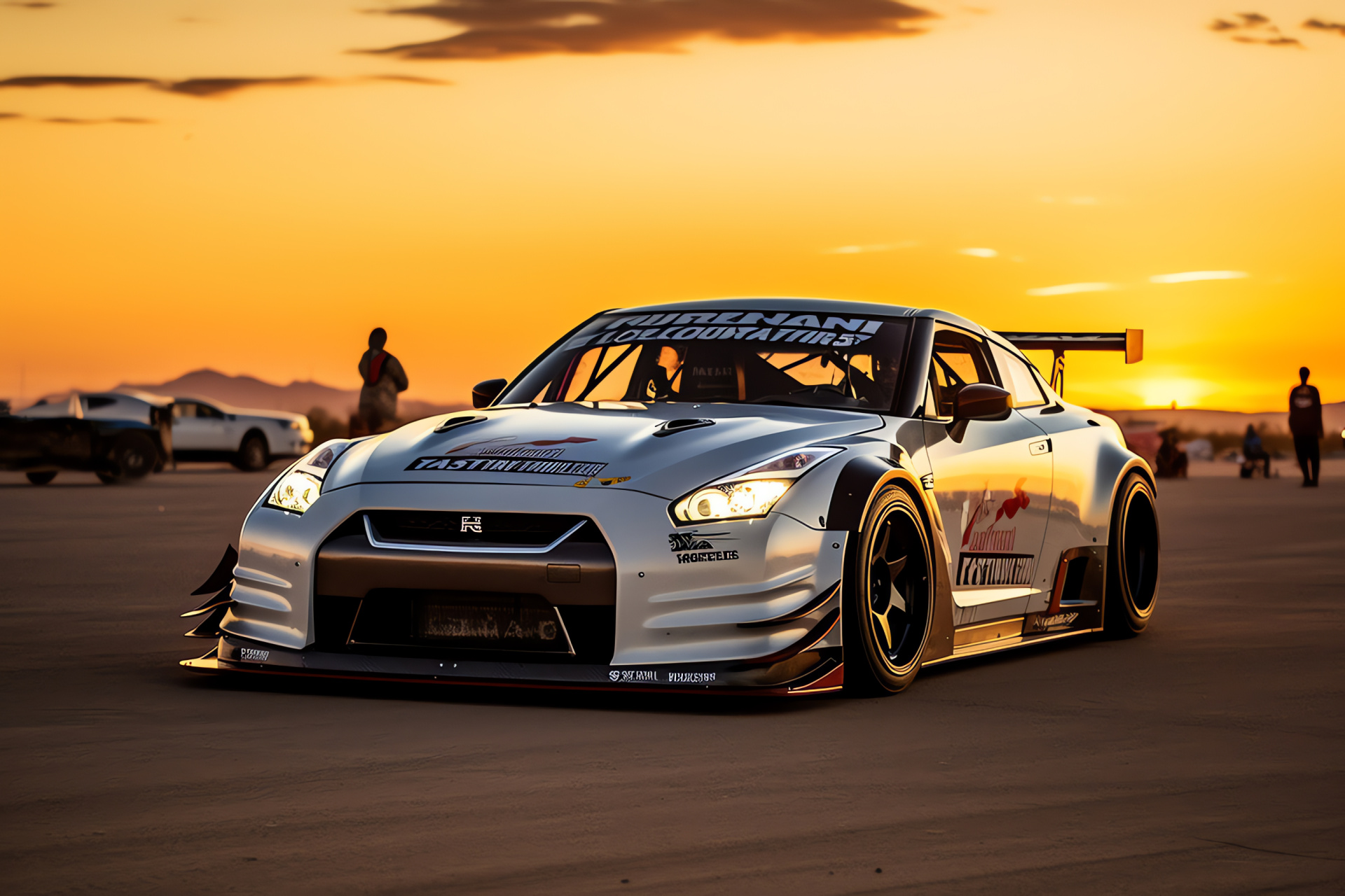 Nissan GTR Liberty Walk cruising, Classic Route 66 journey, Custom car upgrades, Evening driving scene, Roadside Americana, HD Desktop Wallpaper