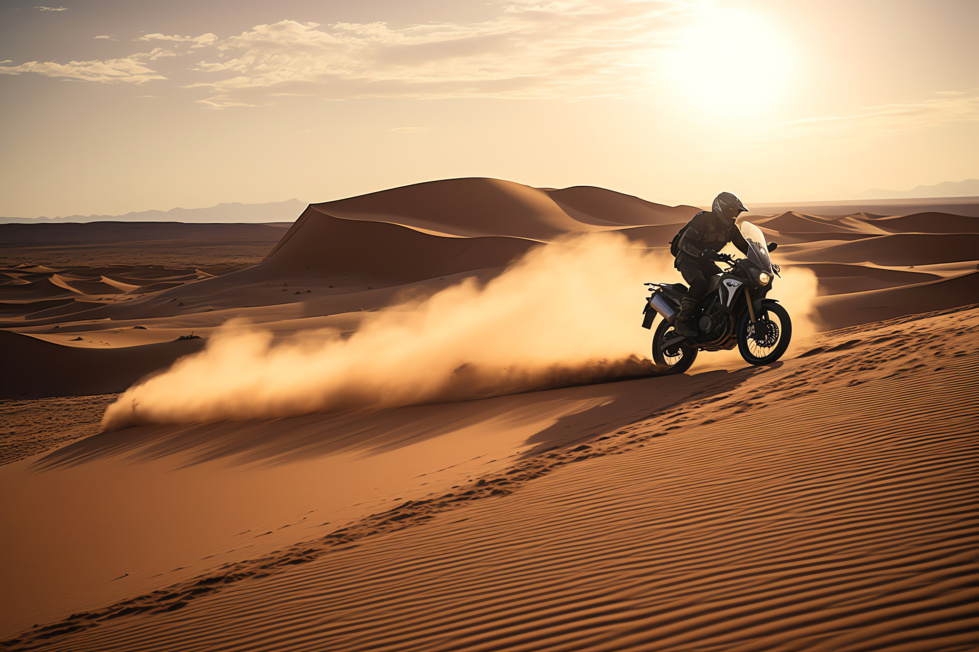 Yamaha R1M, Sahara Desert stretch, high-performance bike, sand dunes scenery, HD Desktop Image