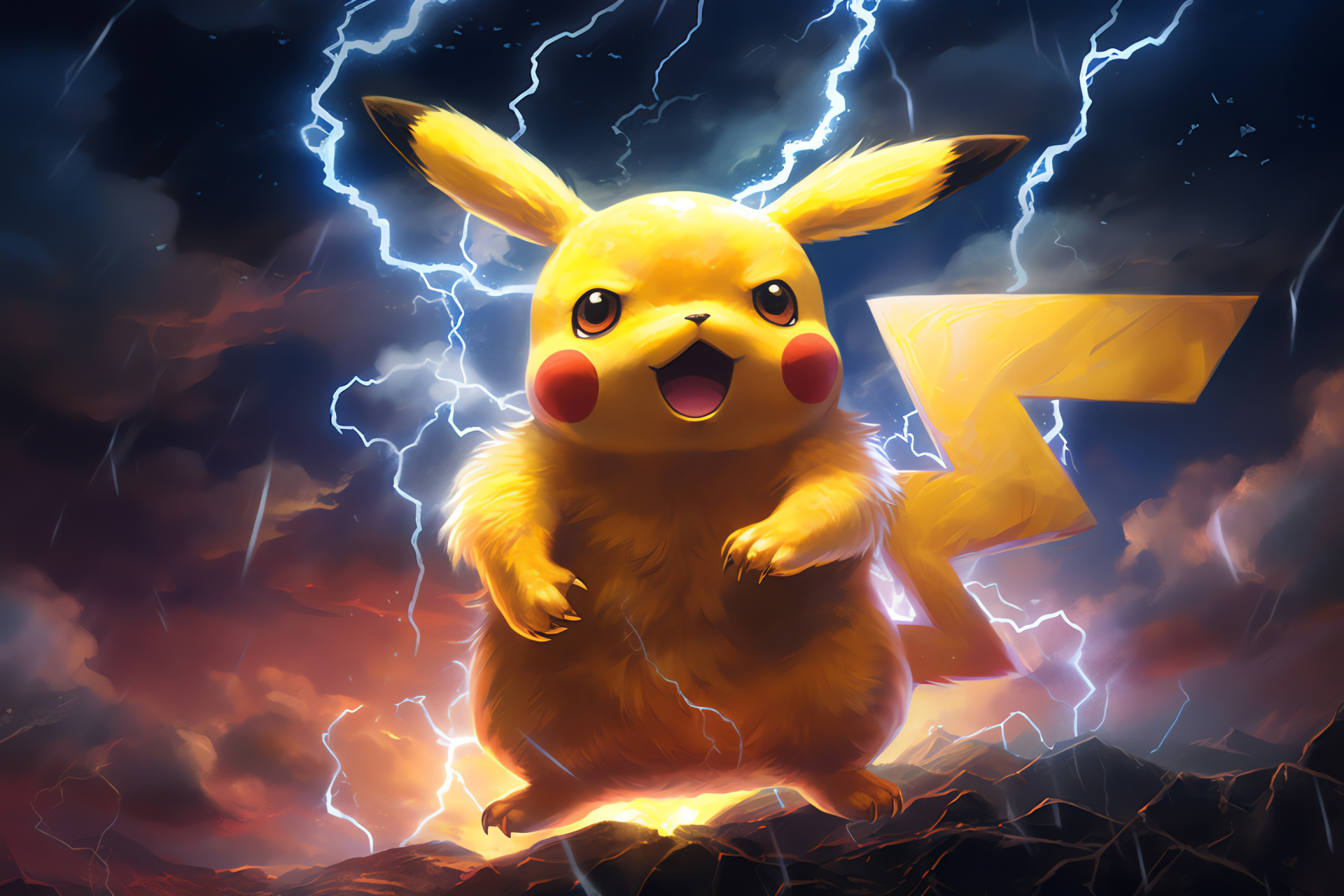 Pikachu amidst chaos, Display of Pikachu's might, Storm backdrop for Pikachu, Cloudscape and Pokmon, Electric nature spectrum, HD Desktop Wallpaper