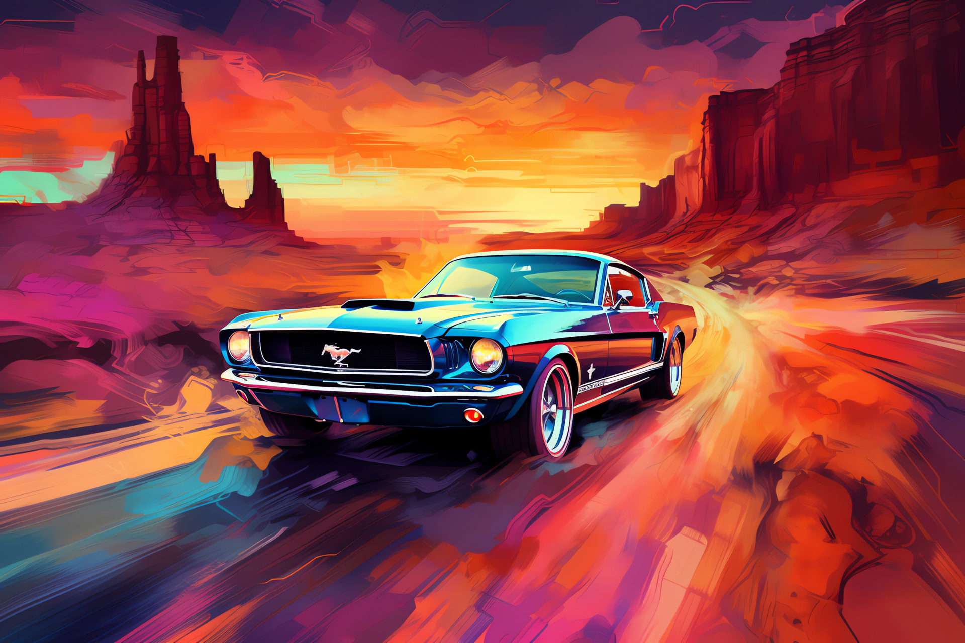 Ford Mustang, High-altitude landscape overview, Surreal scenario framing, Automotive forceful presence, HD Desktop Wallpaper