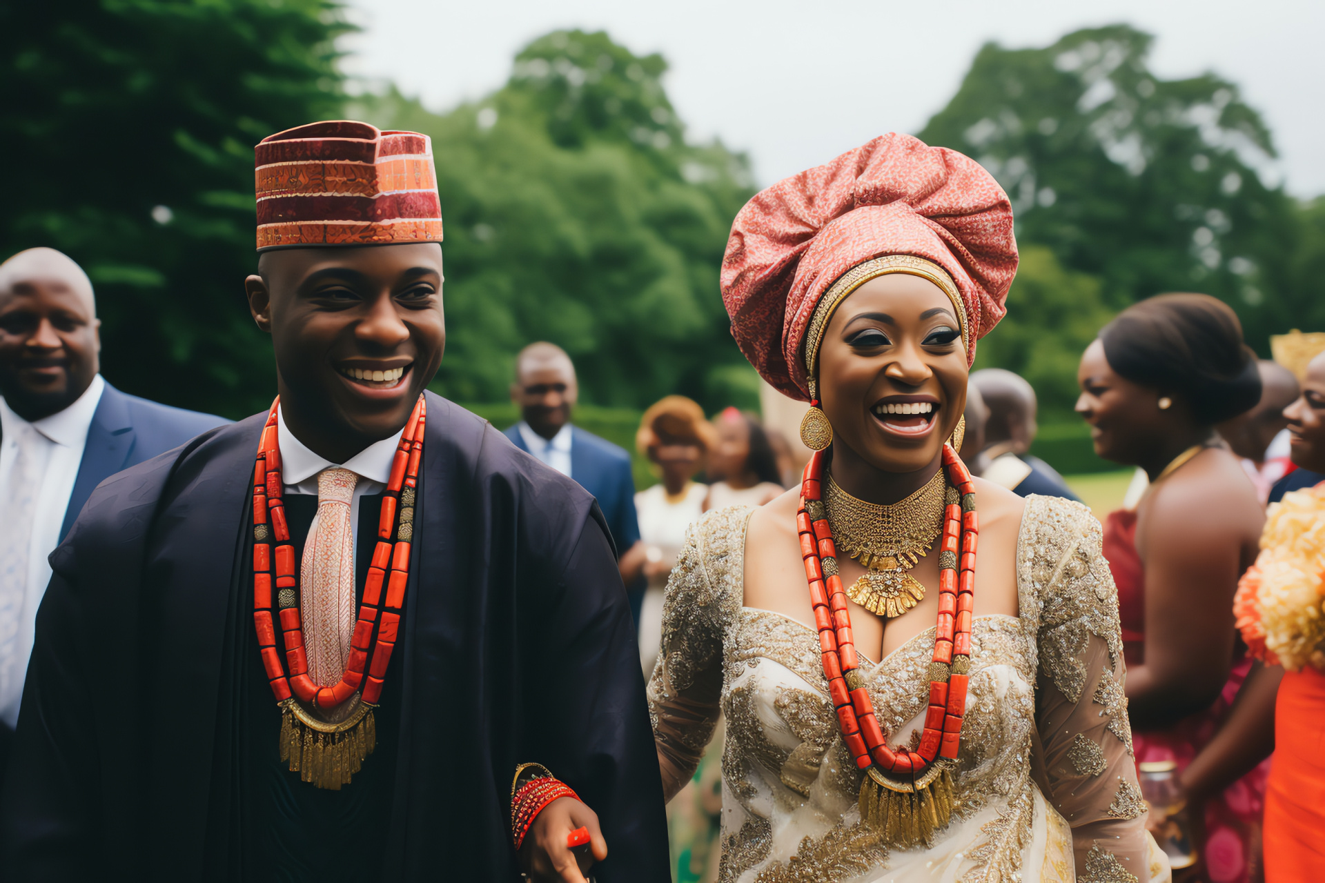 Nigerian nuptials, Traditional ceremony, Outdoor matrimony, Vibrant gele attire, African wedding, HD Desktop Image