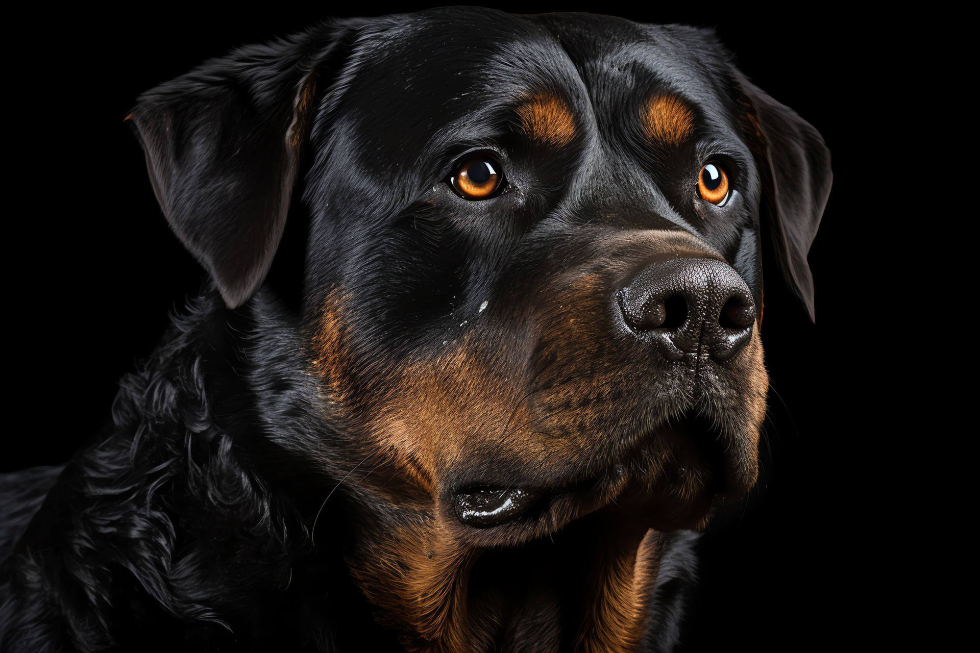 Adult Rottweiler, aging gracefully, facial close-up, stark backdrop, distinguished features, HD Desktop Wallpaper