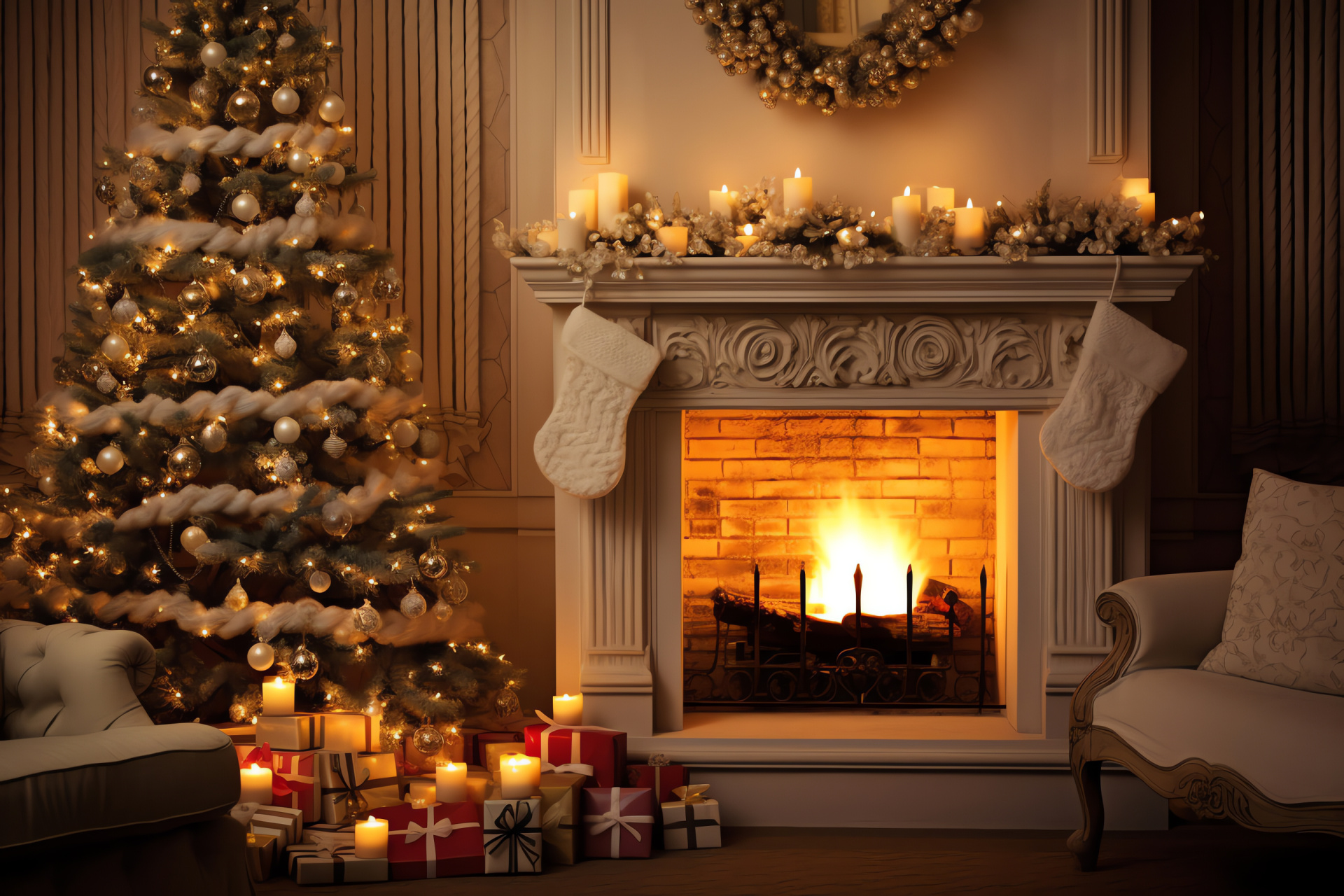 Home radiating with white Christmas lights, cheerful interior, holiday hearth blaze, familial warmth, HD Desktop Image