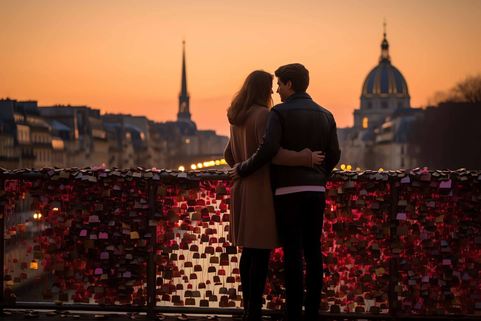 Valentine's rendezvous, Parisian tradition, Love-infused bridge, Seine river views, Padlock symbols, HD Desktop Wallpaper