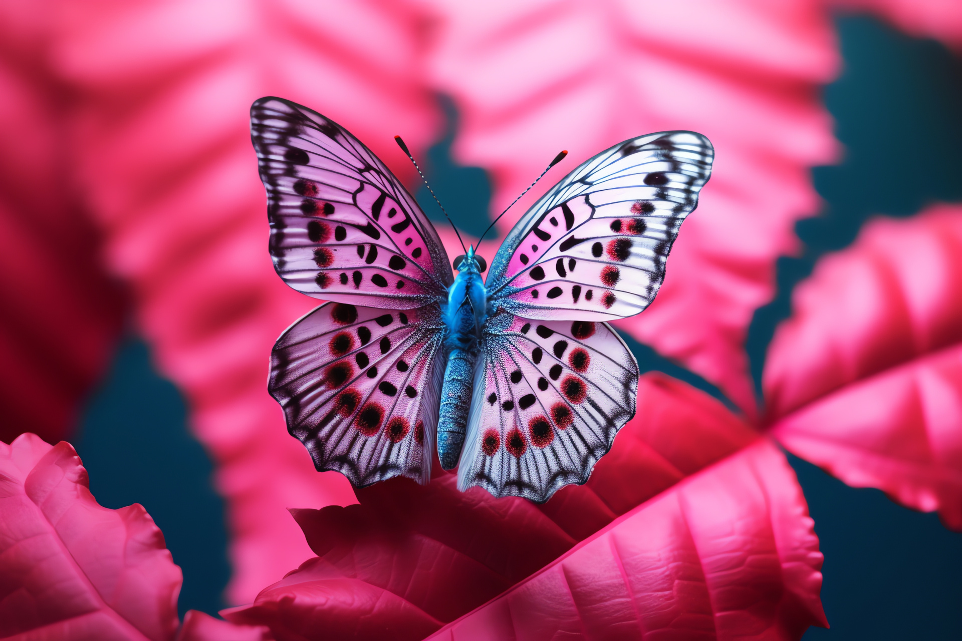 Insect on foliage, Background geometry, Detailed wing design, Saturated tones, Visual depth, HD Desktop Wallpaper