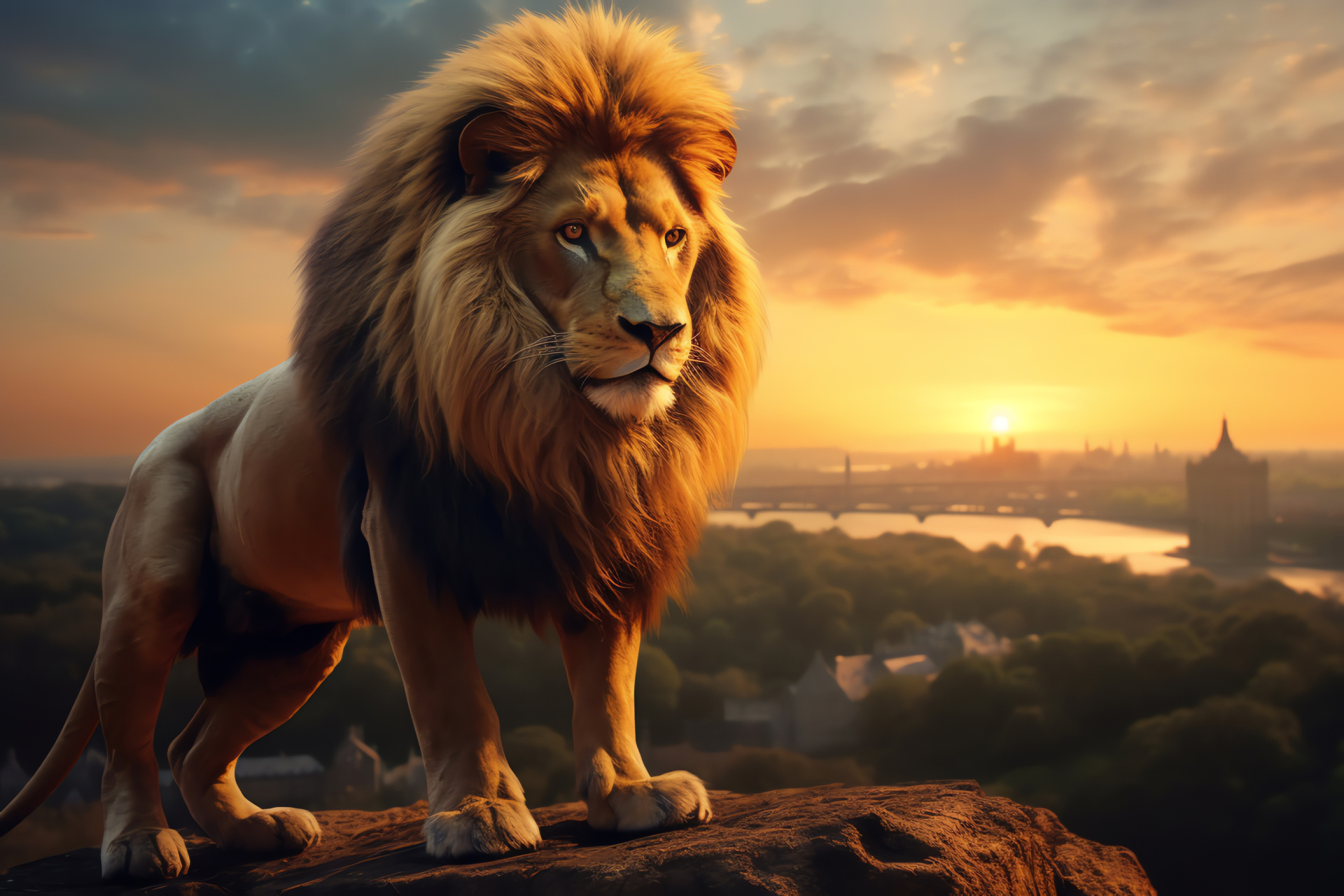 Aslan atop Narnian cliff, Spectacular river backdrop, Lion's watchful eye, High rock stance, Chronicles vista, HD Desktop Wallpaper