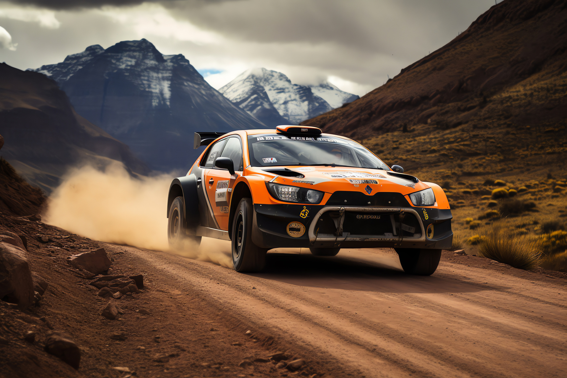 Rally Auto, motorsport event Argentina, orange black livery, mountainous terrain, race car shock absorbers, HD Desktop Wallpaper