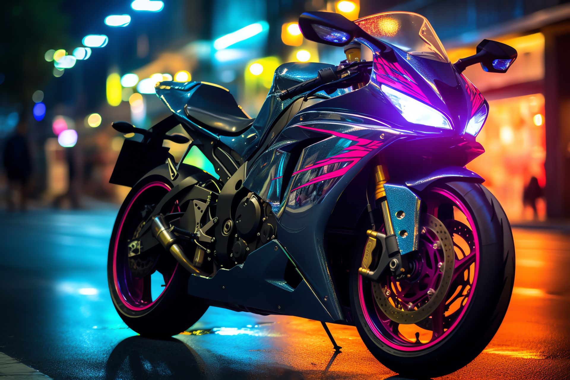 Suzuki GSXR 750, Bangkok city streets, Sportbike details, Motorcycle reflections, Urban nightlife, HD Desktop Wallpaper