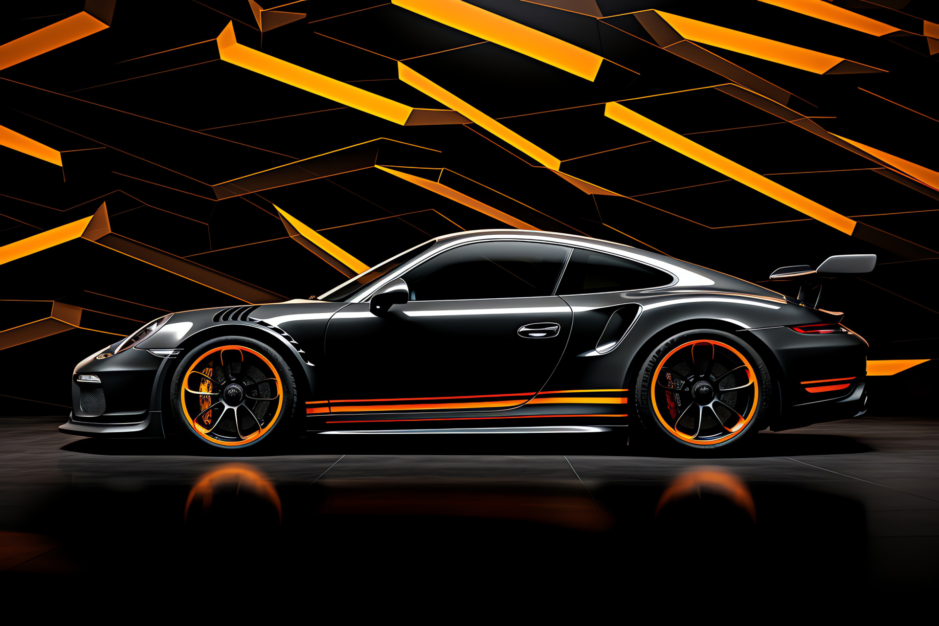 Porsche GT3 GT3RS sports model, Side view presentation, Two-tone color dynamic, Abstract pattern backdrop, Race-car aesthetics, HD Desktop Image