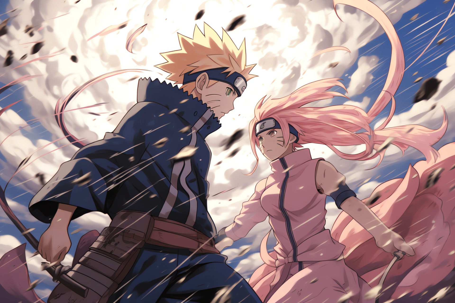 Naruto Uzumaki, Sakura Haruno, Fast-paced duel, Ninjutsu skill, Chakra control mastery, HD Desktop Wallpaper