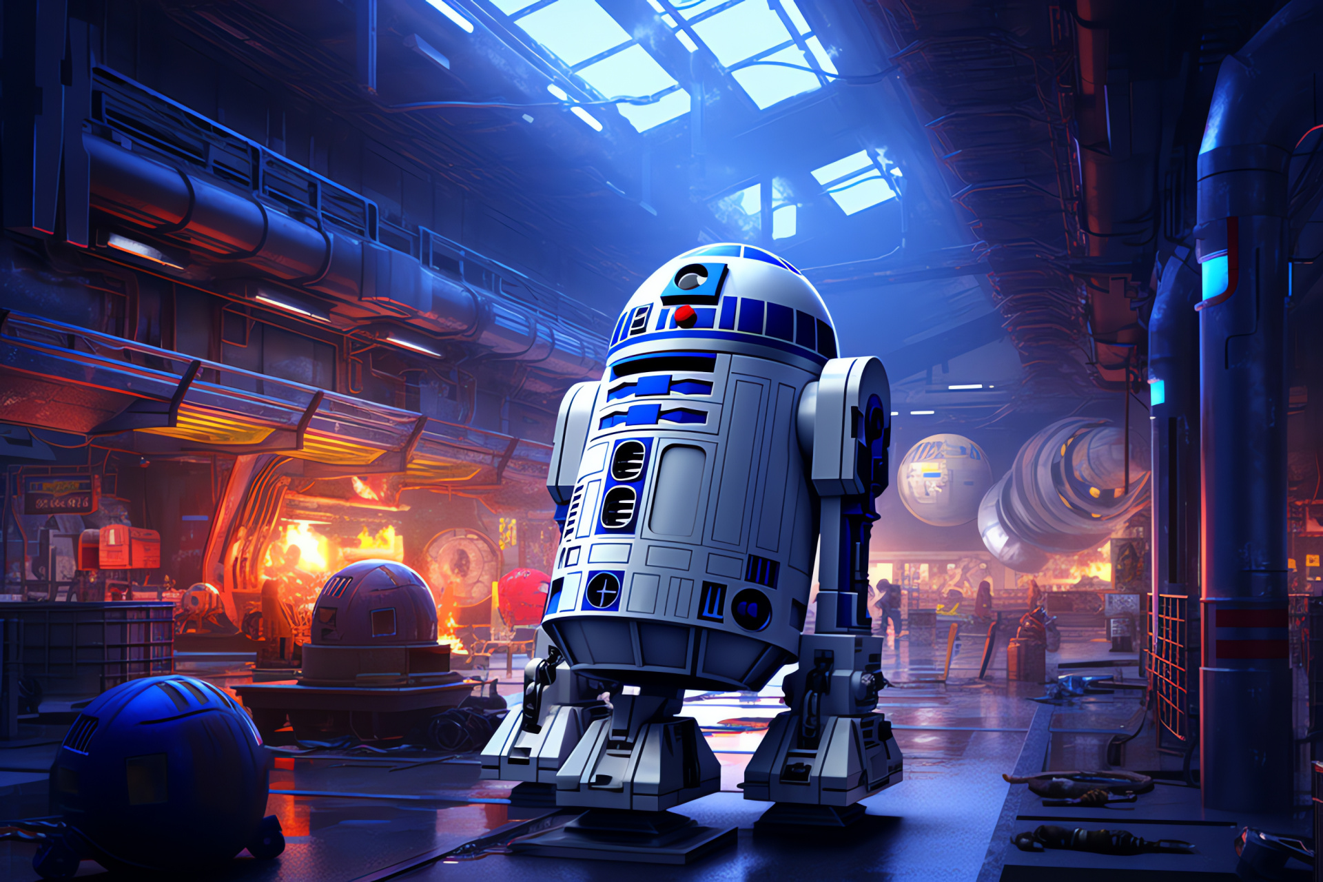 R2-D2 space escapade, interstellar conflict, hangar among stars, robotic design, cargo storage area, HD Desktop Image