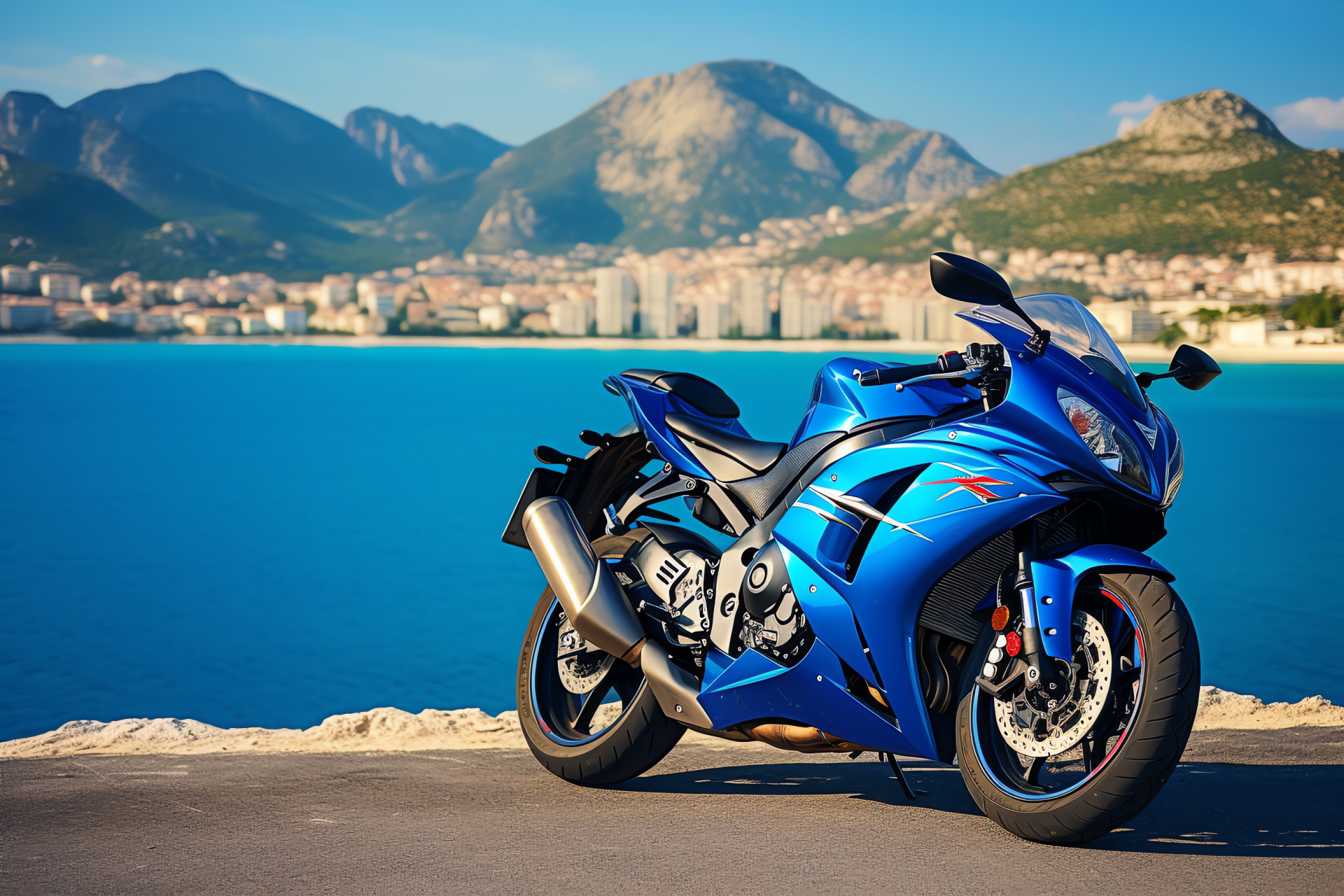 Suzuki GSXR 750 on Riviera, Sporty ride lifestyle, Coastal road adventure, Mediterranean scenic travel, Motorbike exploration, HD Desktop Image
