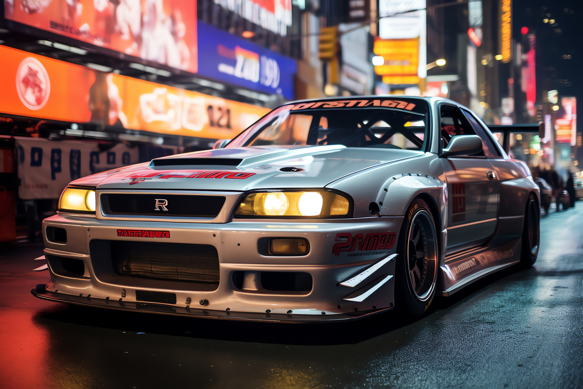 Nissan Skyline GTR R32, Nismo rarity, Urban NYC backdrop, Silver sleekness, Times Square lights, HD Desktop Image