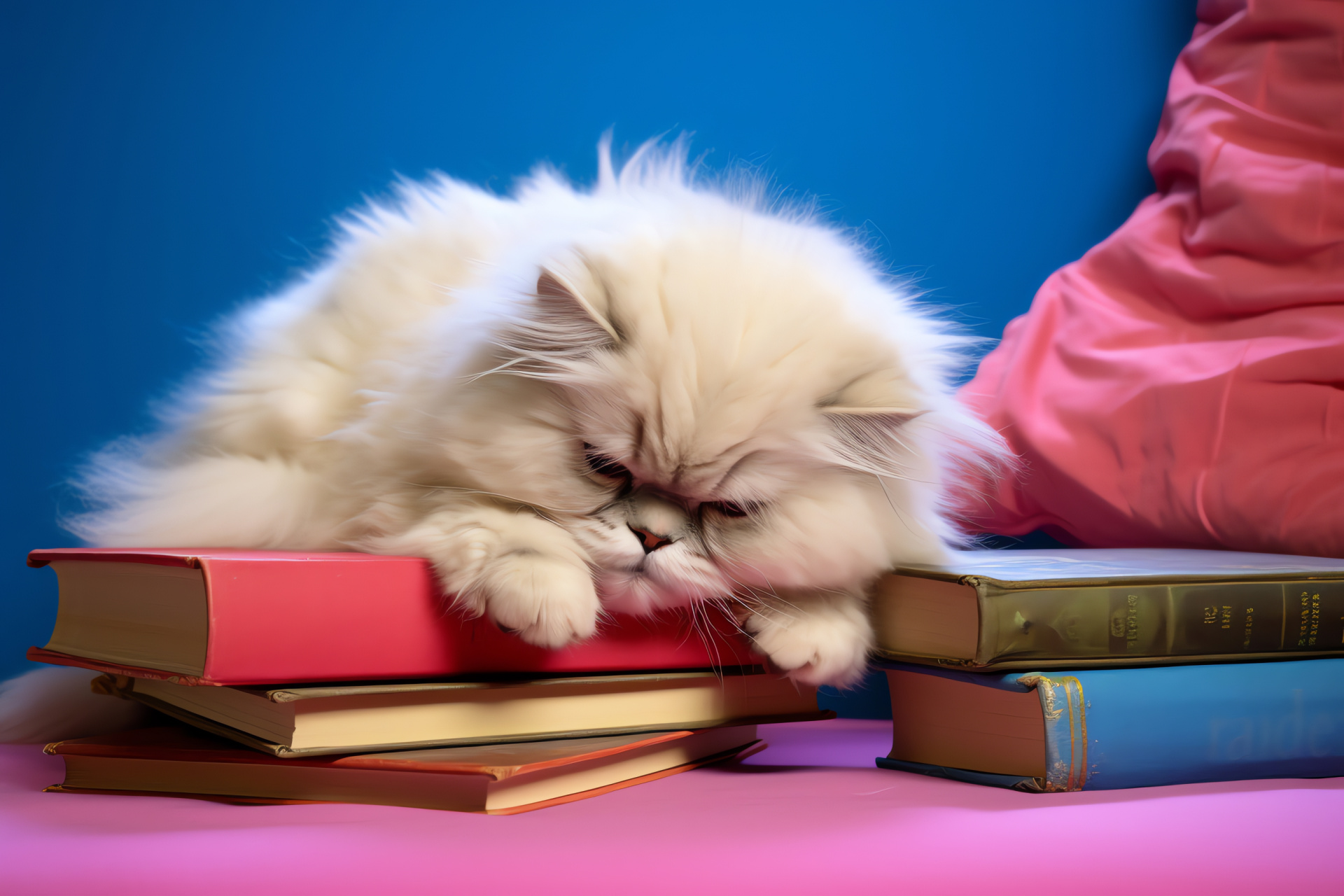 Reading Cats Computer, Fluffy Persian feline, Cat with blue eyes, Relaxing on soft cushion, Book-filled environment, HD Desktop Image