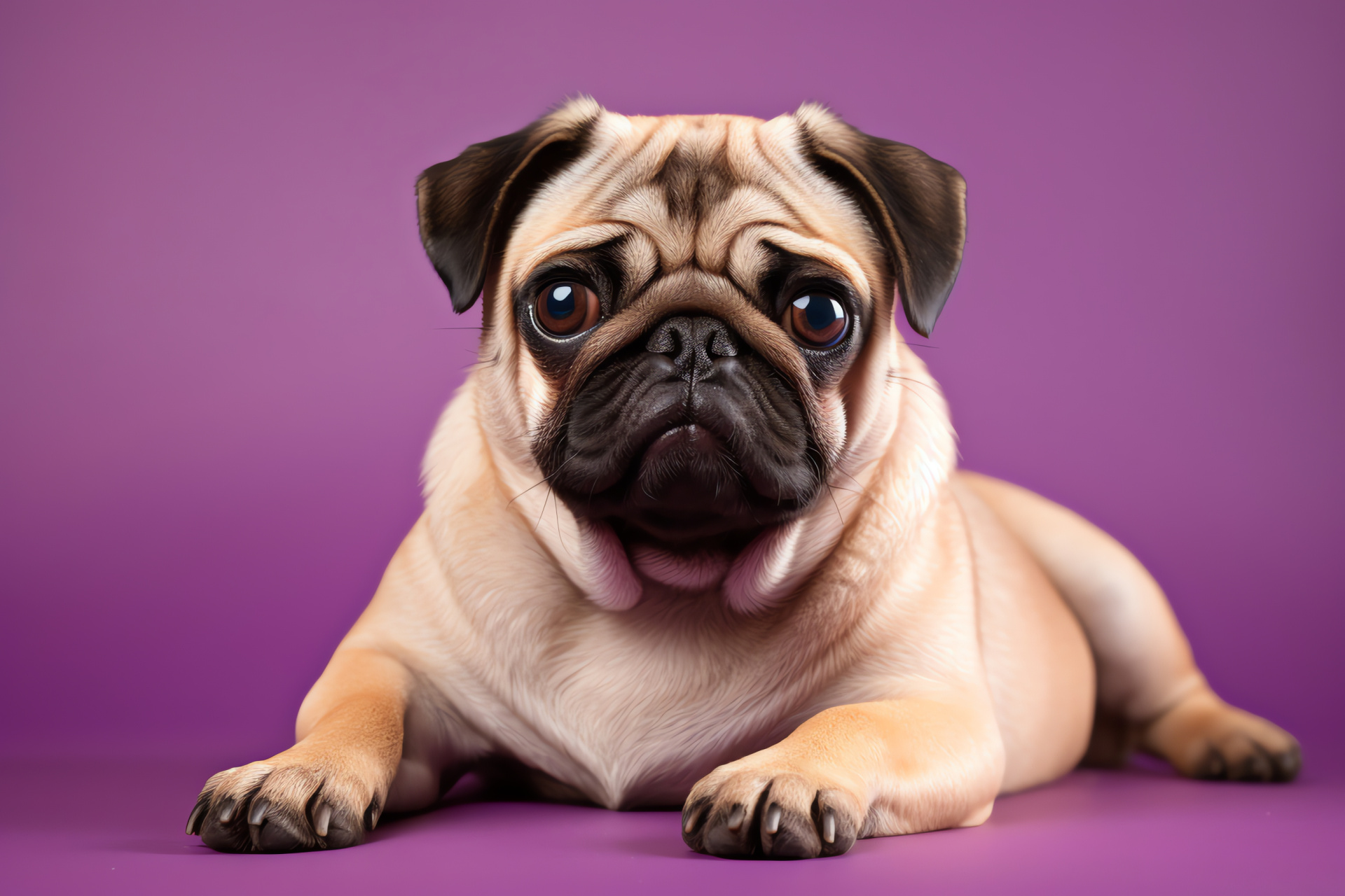 Pug canine expression, lounging dog demeanor, fawn furry texture, solid hue depiction, HD Desktop Image