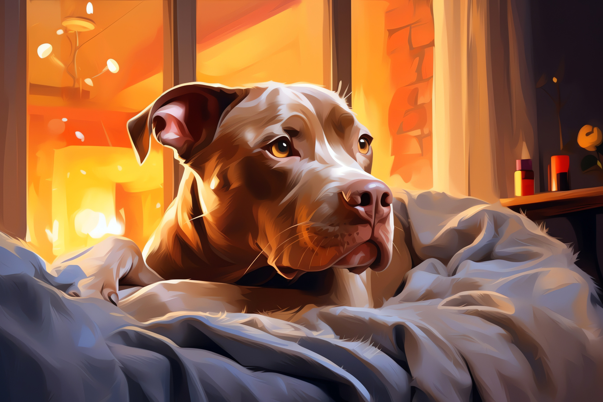 Homebound Pitbull Terrier, Family pet, Comfortable indoor setting, Watchful brown eyes, Pet dog loyalty, HD Desktop Image