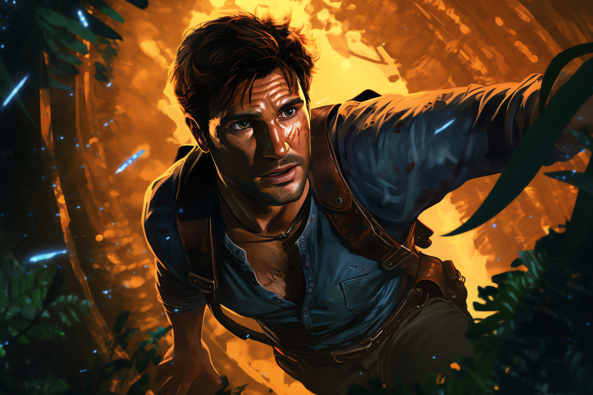 Jungle explorer Nathan Drake, Uncharted temple chase, Occult relic, Liana draped ruins, Mythical charm, HD Desktop Image