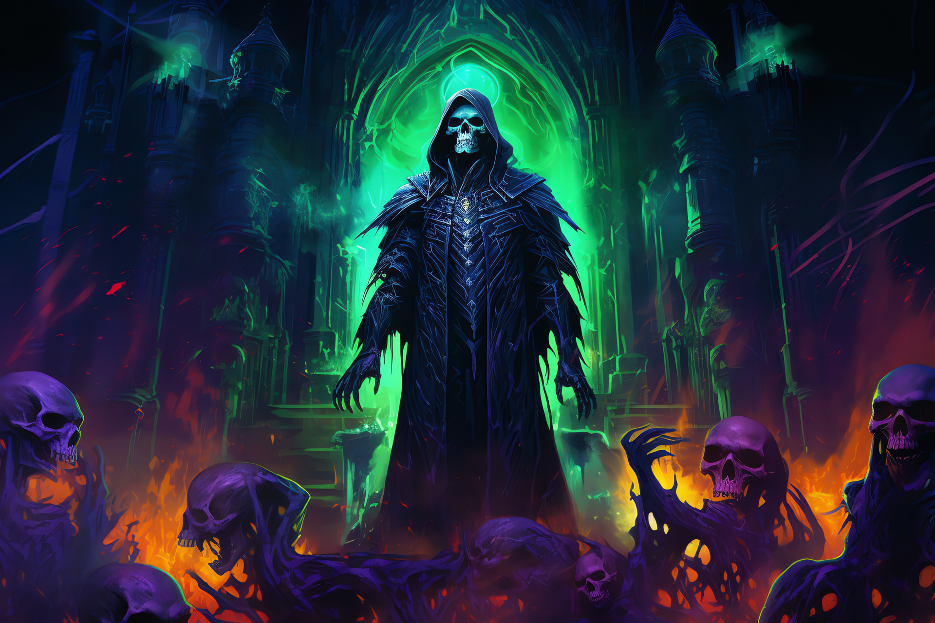 Ghastly fortress Warlock, Cursed castle, Monolithic stone seat, Sanctified flames, Spectral army, HD Desktop Image
