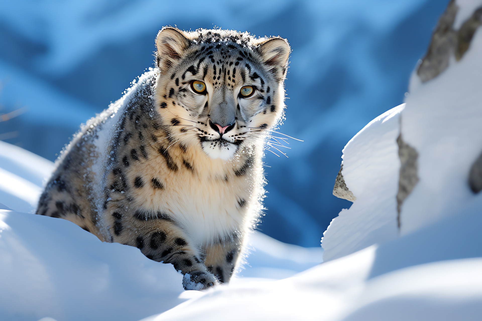 Himalayan predator grace, Snow leopard visuals, Sapphire eyed feline, Cryptic mountain camouflage, HD Desktop Image