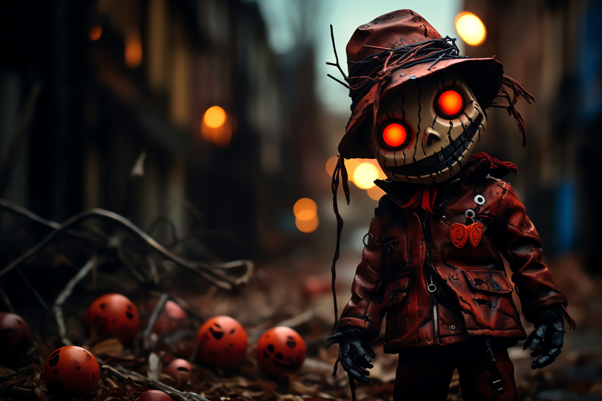 Halloween night of fright, Menacing boogeyman presence, Red eyes in shadows, Chilling abandoned toy scene, Spooky October terror, HD Desktop Image