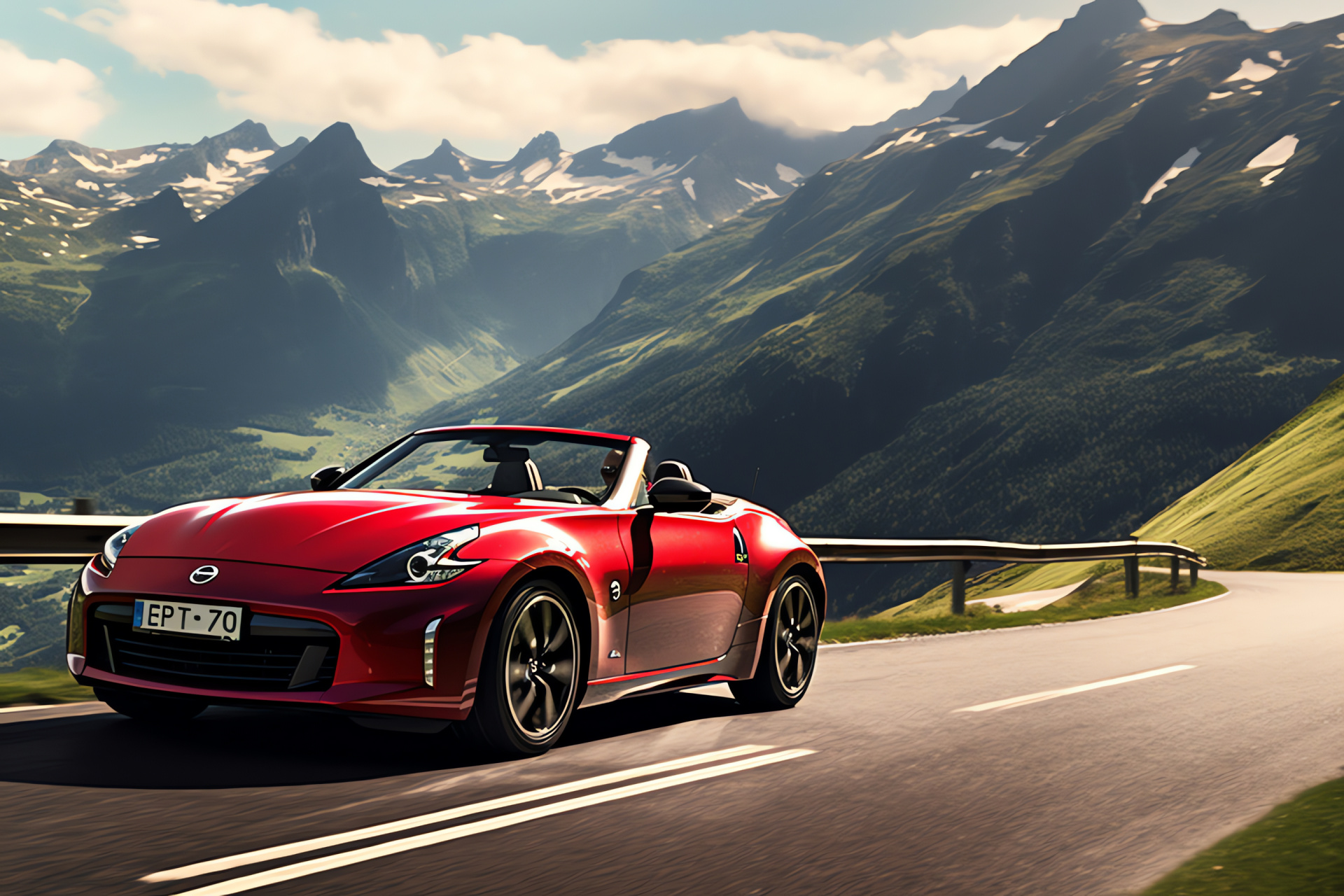 Nissan 370Z Roadster, Alpine routes, Convertible pleasure, Mountainous backdrop, Open-air experience, HD Desktop Wallpaper
