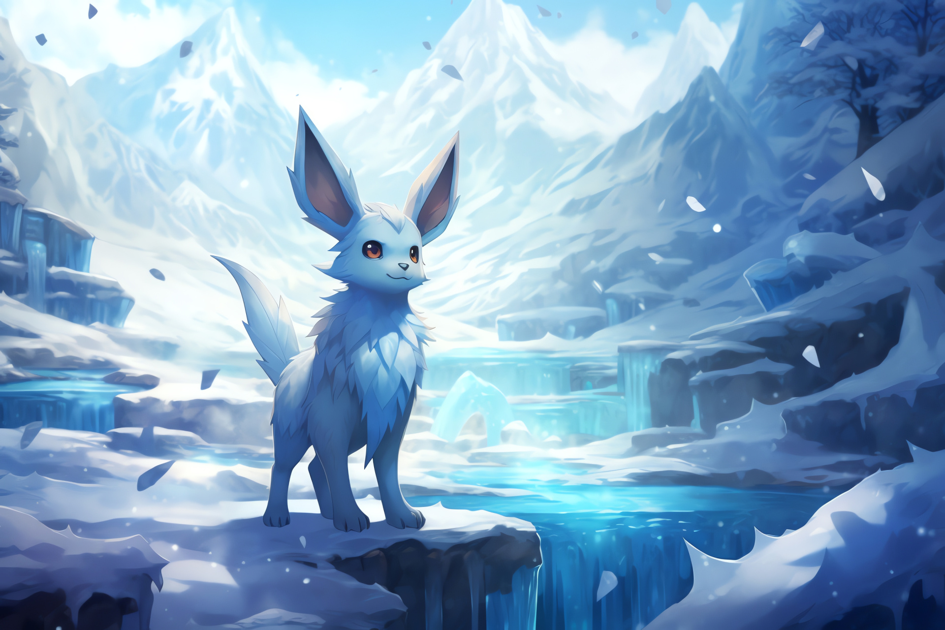 Pokemon Eevee, Evolution transformations, Glaceon features, Creature environment, Evolutionary depiction, HD Desktop Image