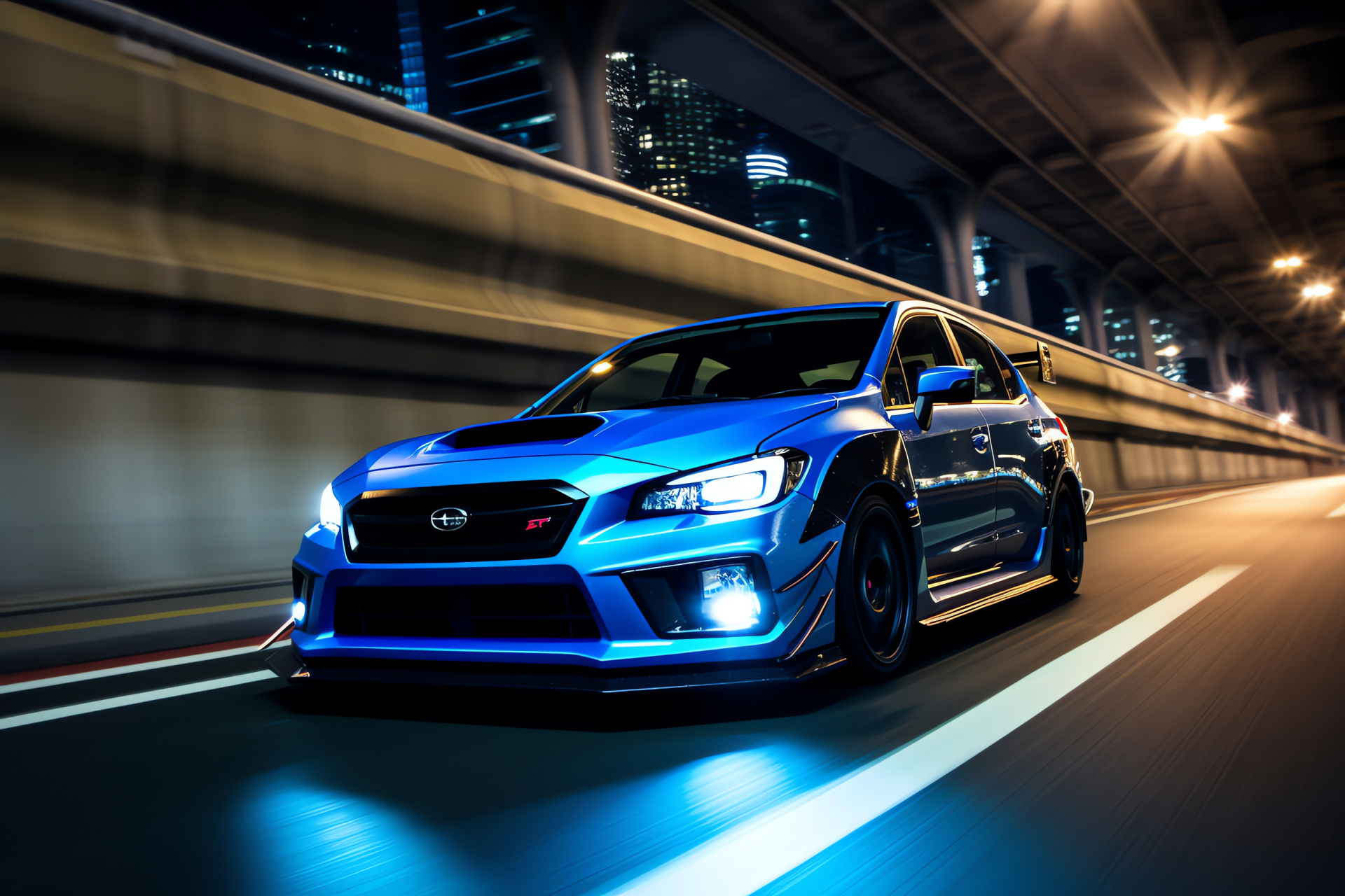 Subaru WRX STI Type RA-R on Japanese streets, turbo engine performance, aerodynamic car styling, neon urban glow, HD Desktop Wallpaper