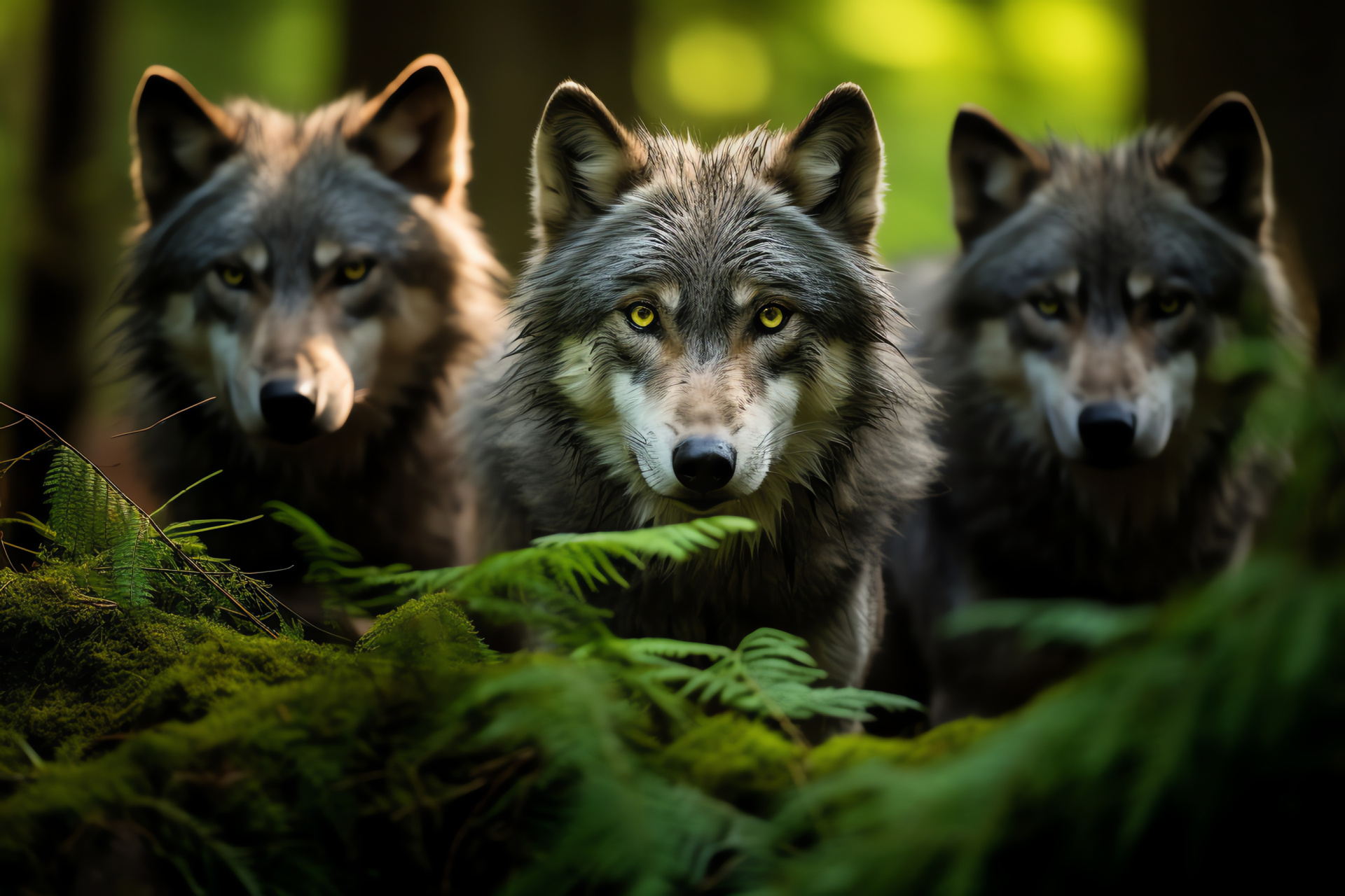 Gray wolf tableau, Canis lupus, Pack life, Alpha predator, Wild canine, HD Desktop Image