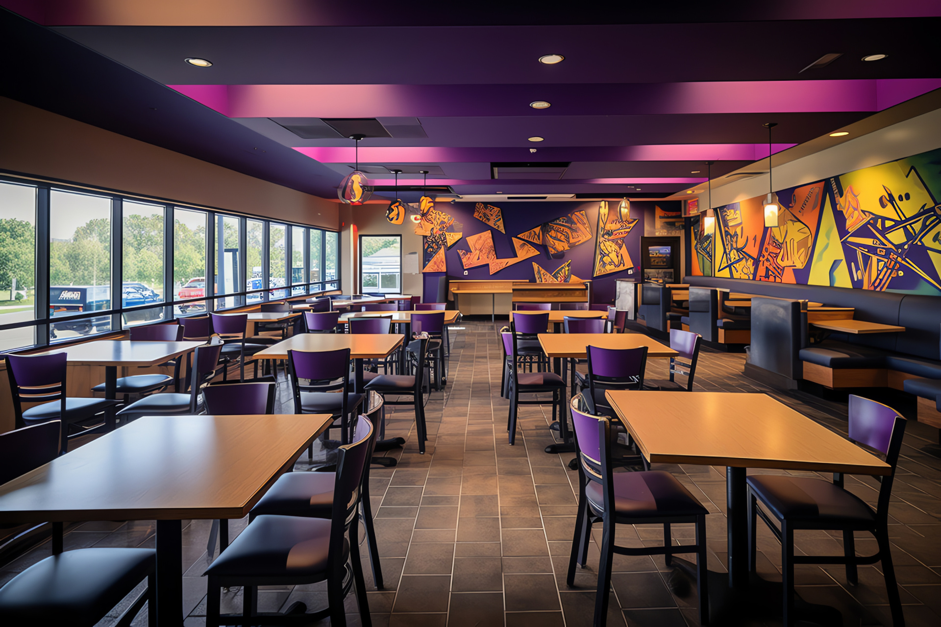 Taco Bell interior, fast-food seating, themed decor, festive environment, culinary space, HD Desktop Image