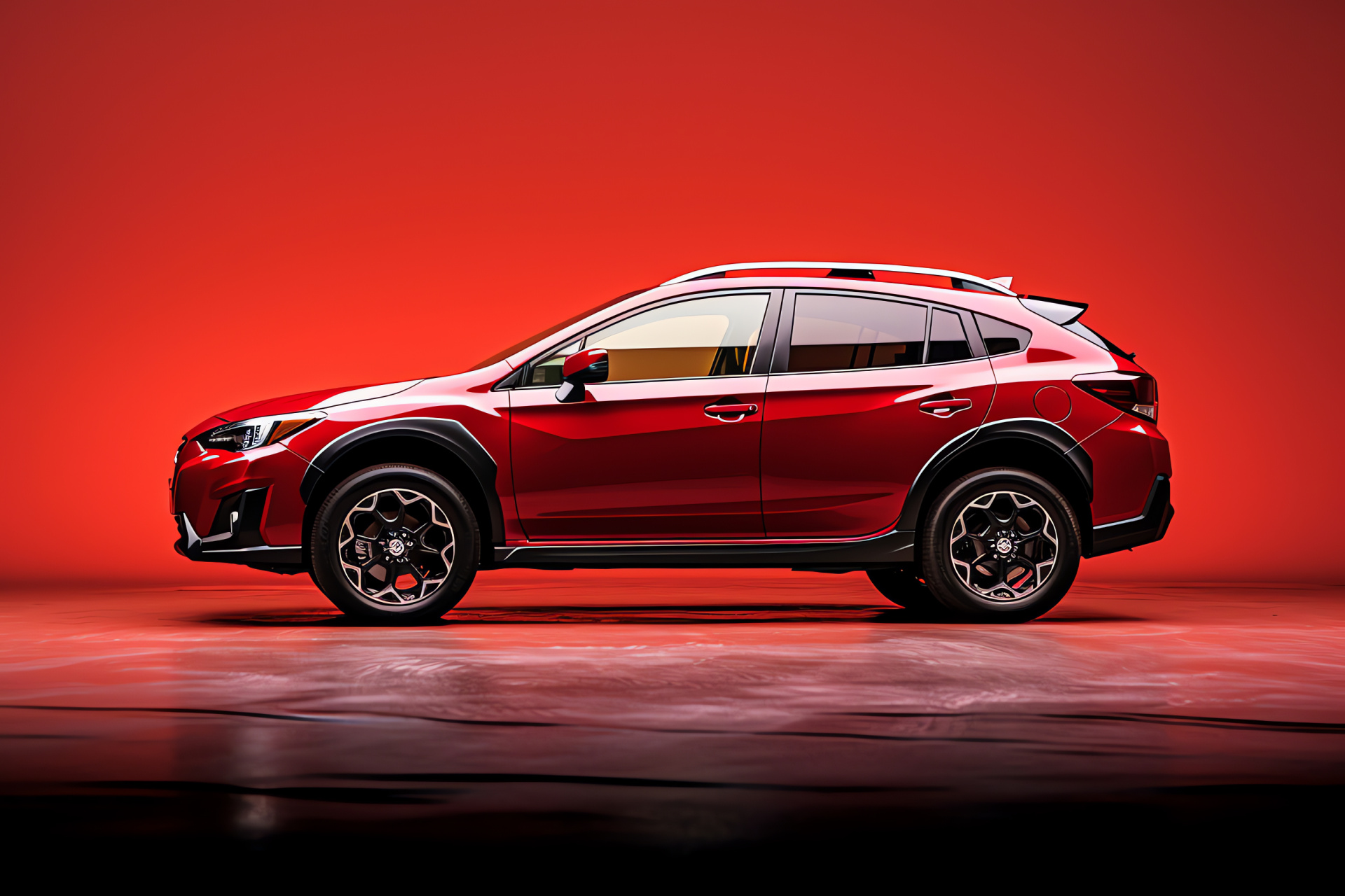Subaru Crosstrek side profile, single color backdrop, red car presence, vehicular form focus, HD Desktop Image