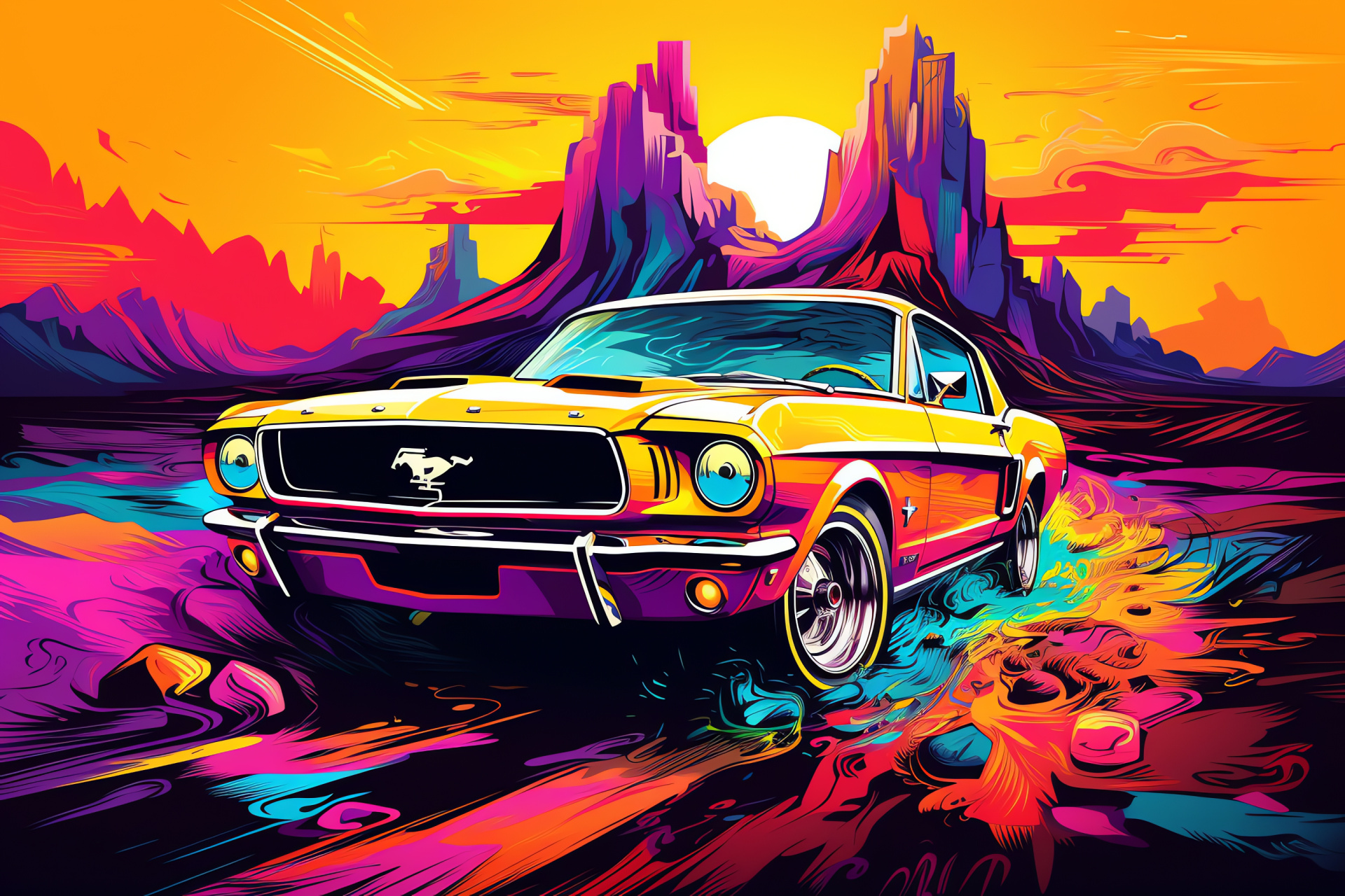 Psychedelic art Mustang, Mustang detailing up-close, Vibrant cyber universe, Mustang neon glow, Digital Mustang adventure, HD Desktop Wallpaper