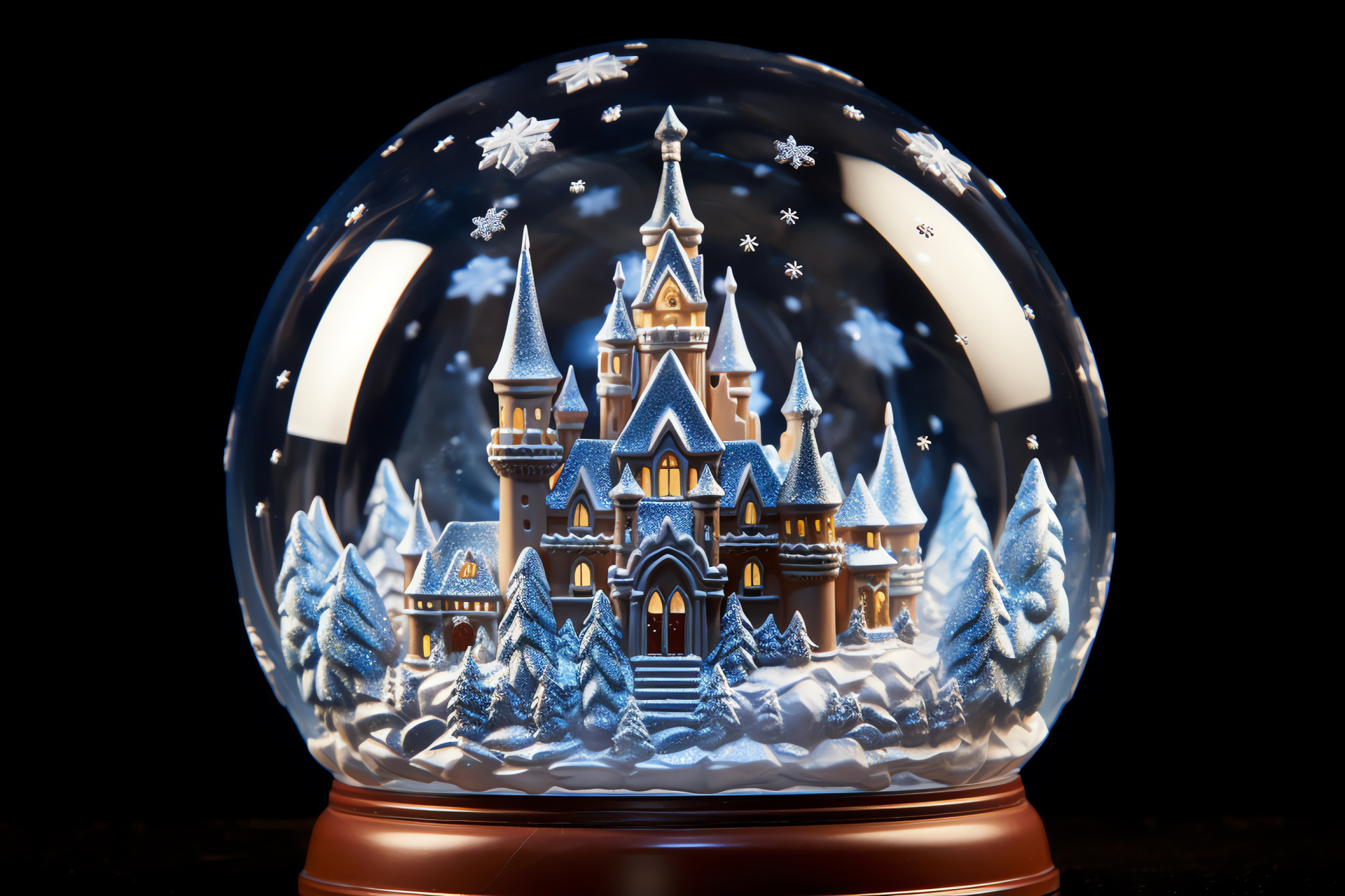 Miniature ice palace, festive ornamental sphere, enchanted scenic display, crystal formations, intricate designs, HD Desktop Wallpaper
