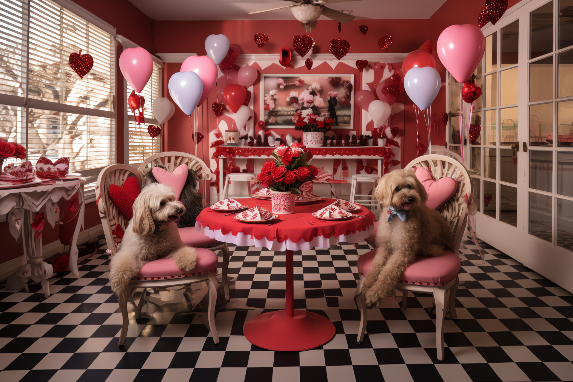 Valentine's Day canine dining, Festive restaurant decor, Romantic table setting, Dogs in attire, Celebration ambiance, HD Desktop Wallpaper
