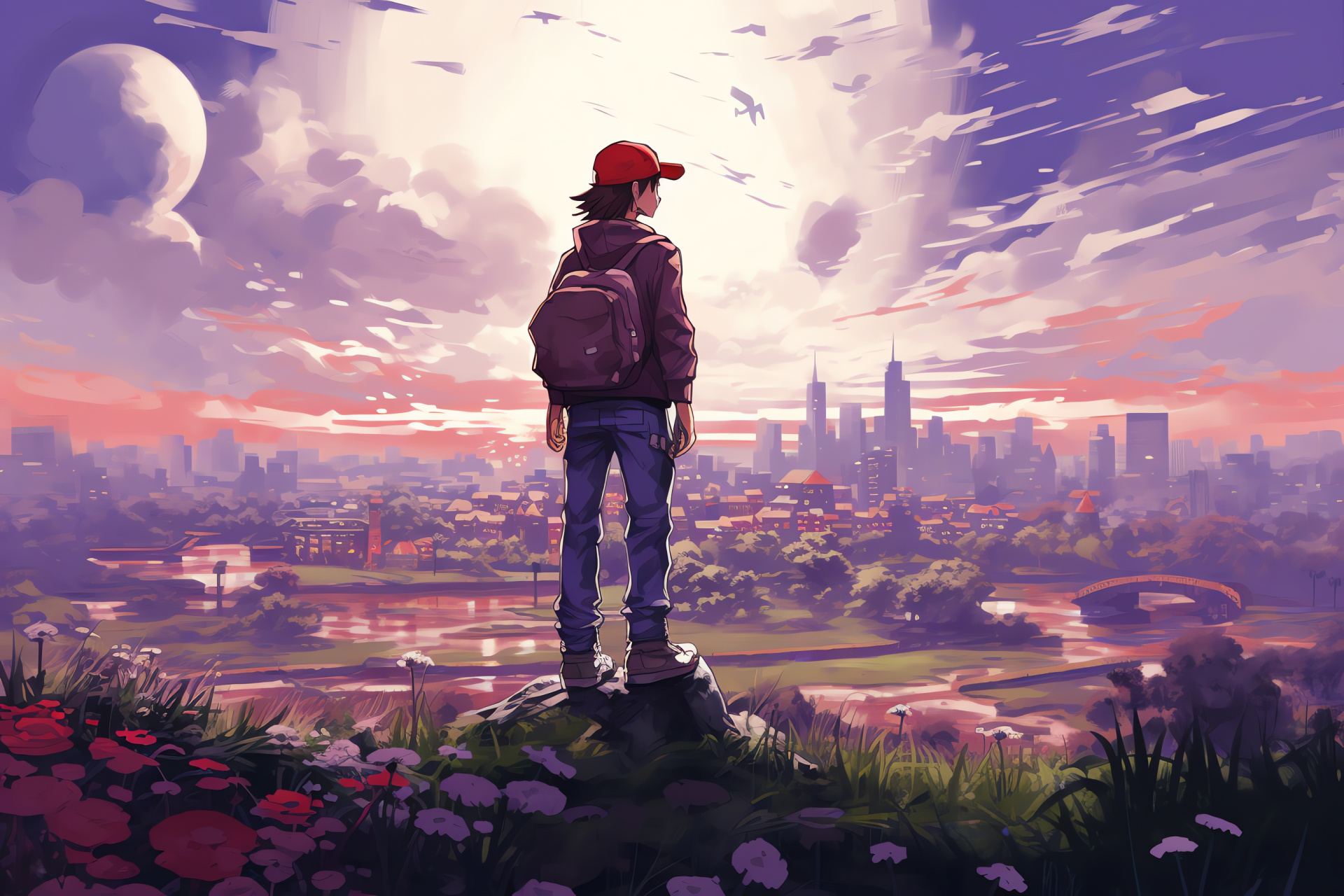 Pokemon Trainer Red journey, Eerie township, Monument tower, Sorrowful vibe, Aromatic blooms, HD Desktop Image
