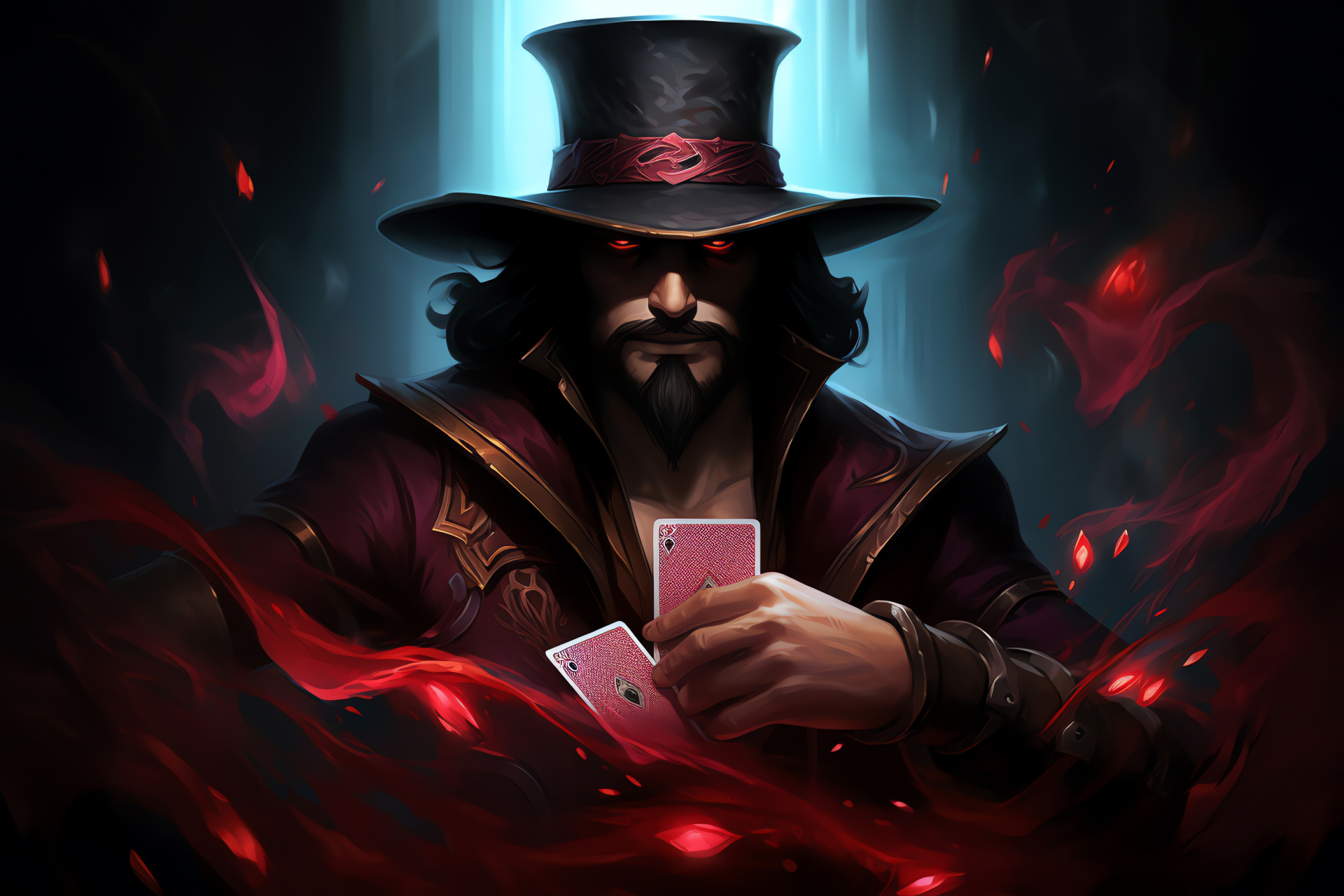 Twisted Fate, Fortune's Hand, League of Legends, Intense expression, Ruby-eyed sorcerer, HD Desktop Wallpaper