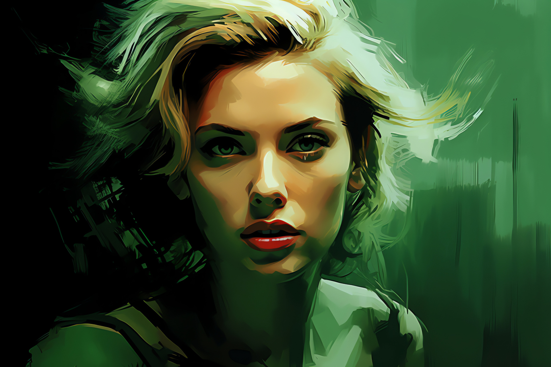 Scarlett Johansson, Hollywood star, Powerful stance, Film persona, Green palette, HD Desktop Wallpaper