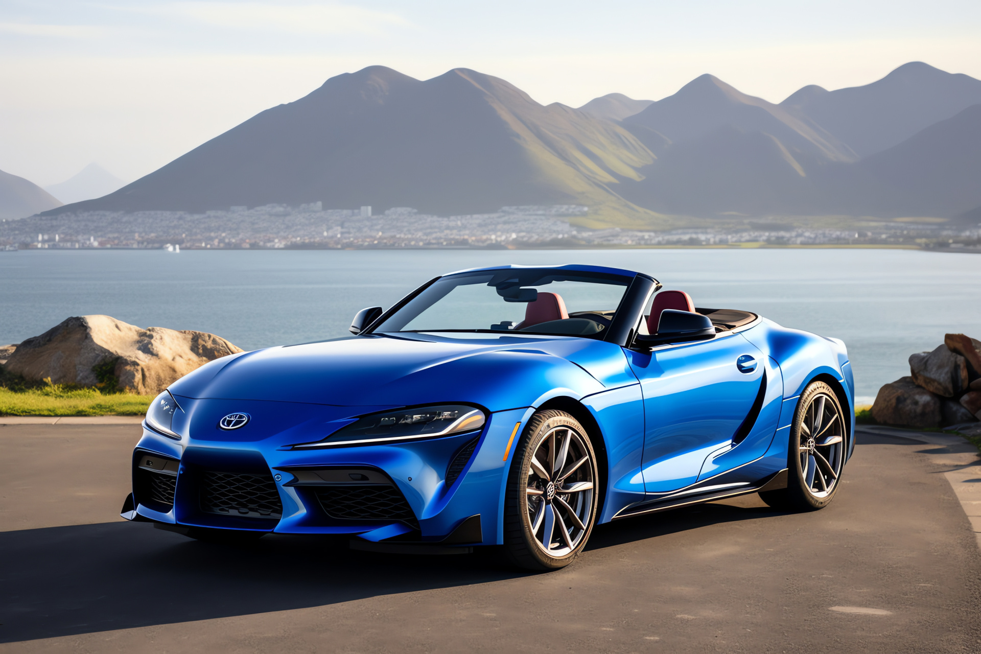 Toyota Supra convertible, Coastal drive, GR A90 series, Open-air cruising, Marine landscape, HD Desktop Wallpaper