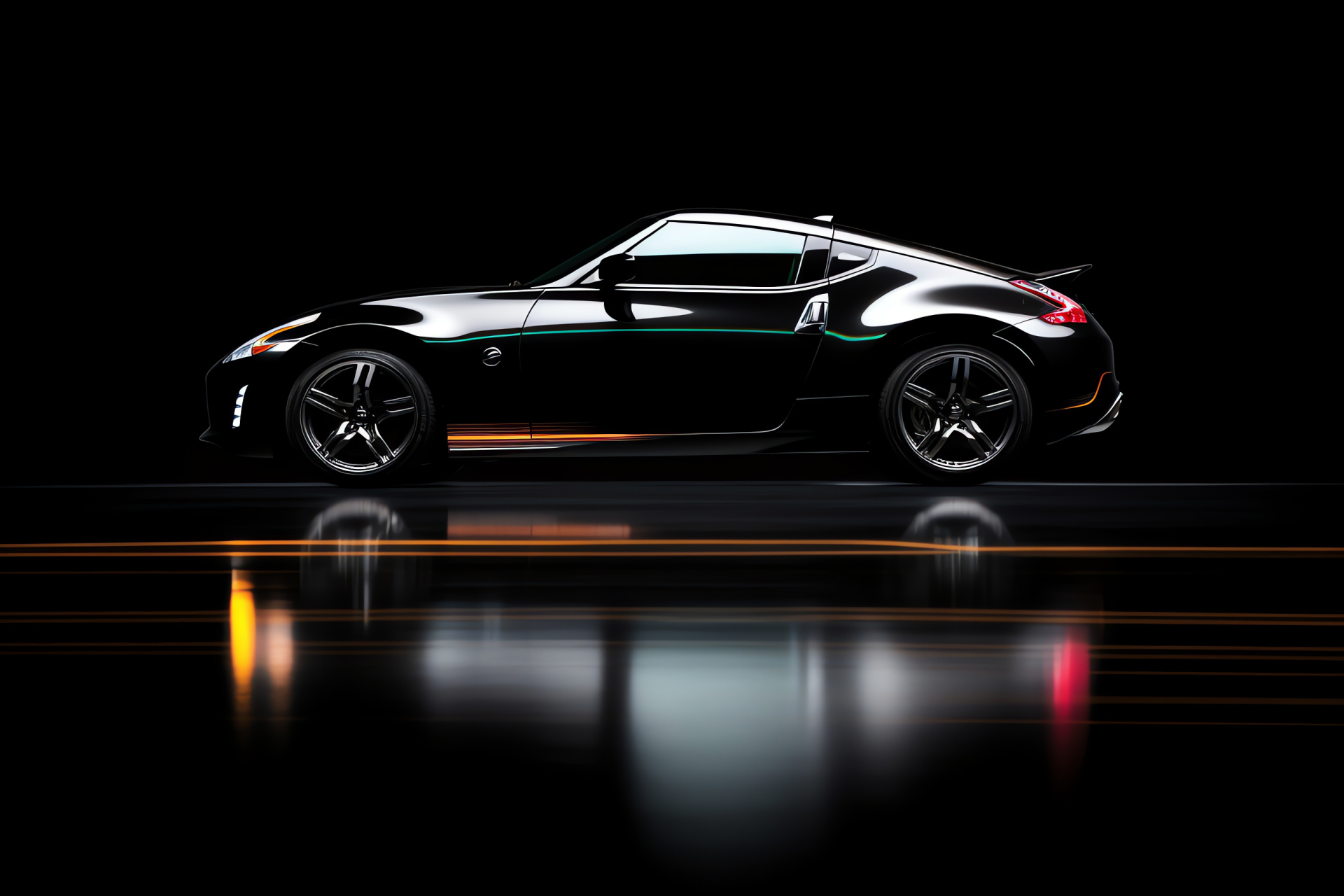 Nissan 370Z display, monochromatic backdrop, sports coupe profile, automotive elegance, powerful stance, HD Desktop Image