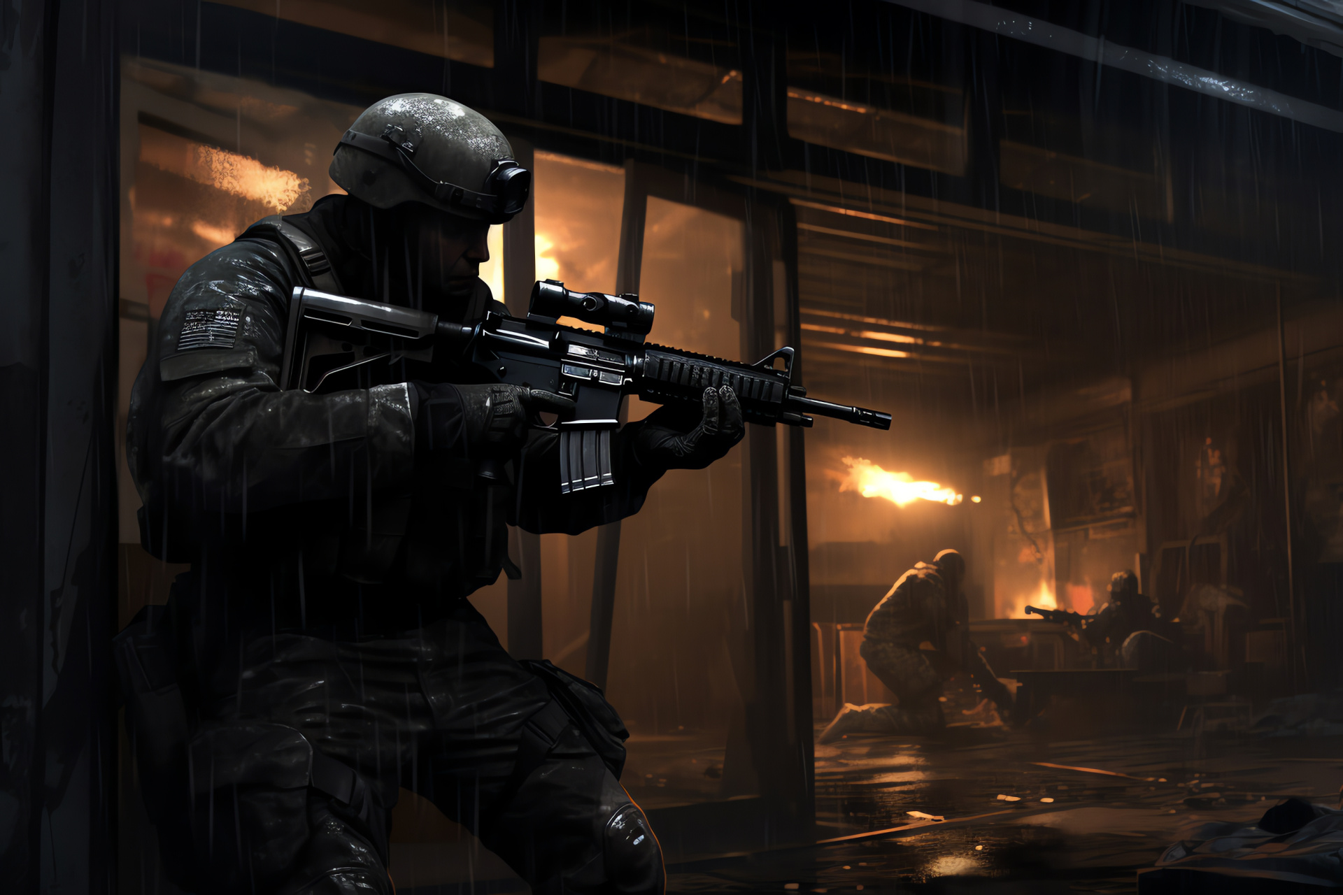 Shepherd action moment, Combat shotgun handling, Industrial locale, Dramatic intervention, Graphic portrayal, HD Desktop Image