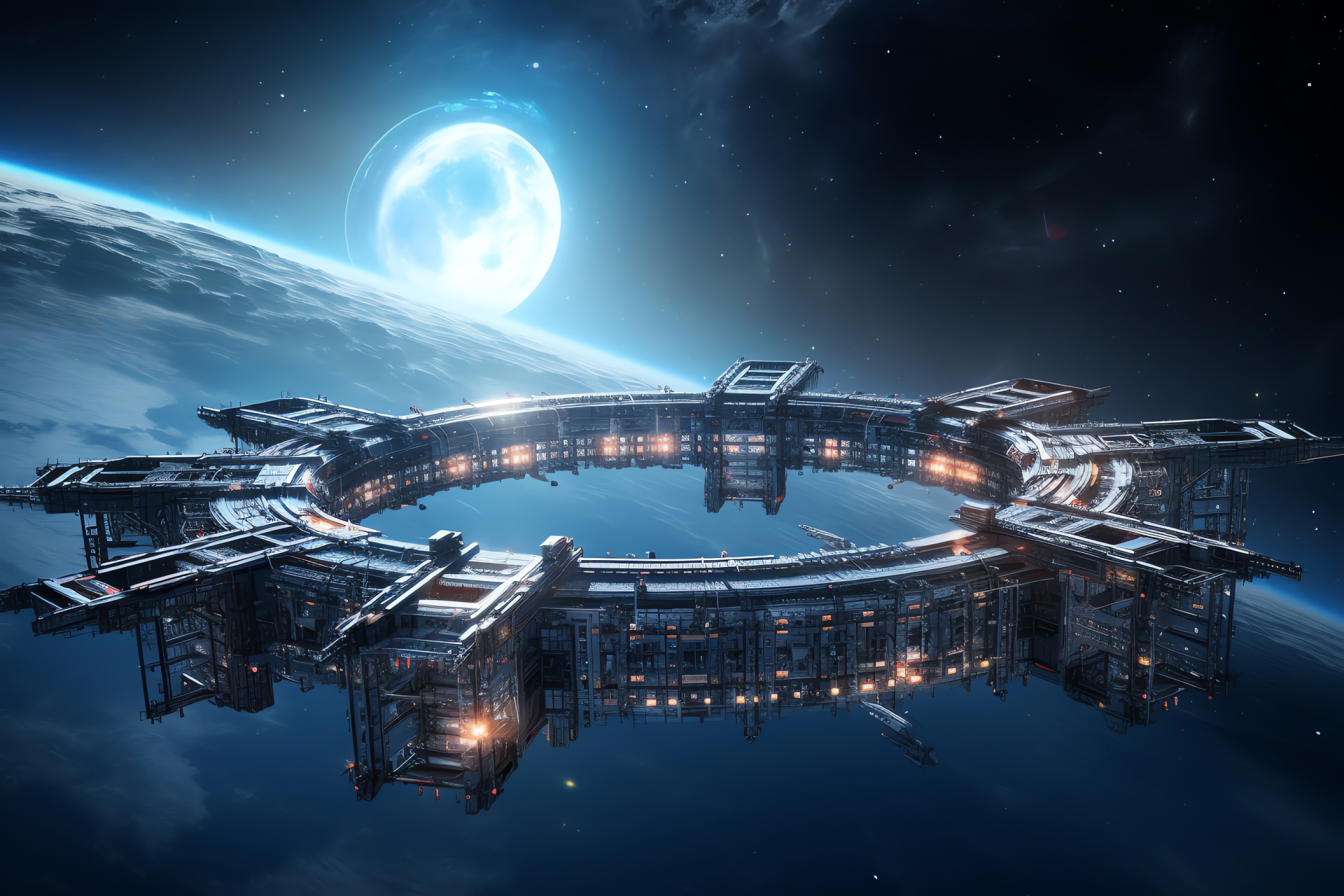 Orbital outpost, Spaceframe architecture, Power-generating arrays, Stellar backdrop, Extraterrestrial station beauty, HD Desktop Wallpaper
